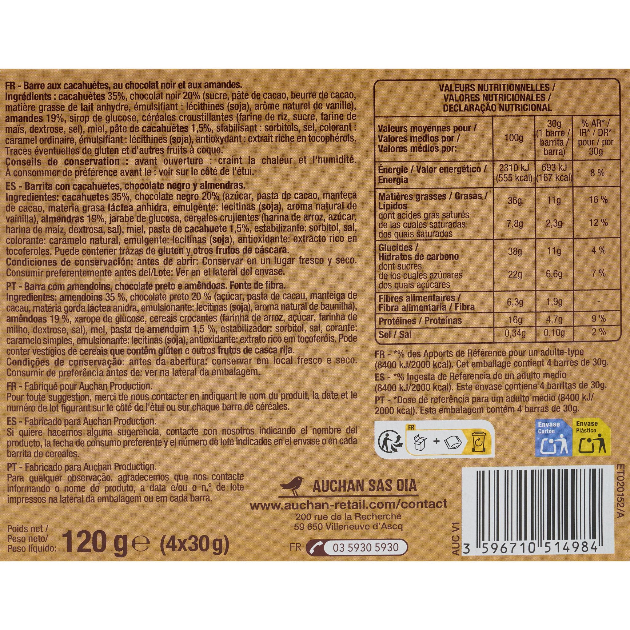 Voir la diapositive 3 : AUCHAN Barres cacahuète chocolat noir amande 4 barres 120g