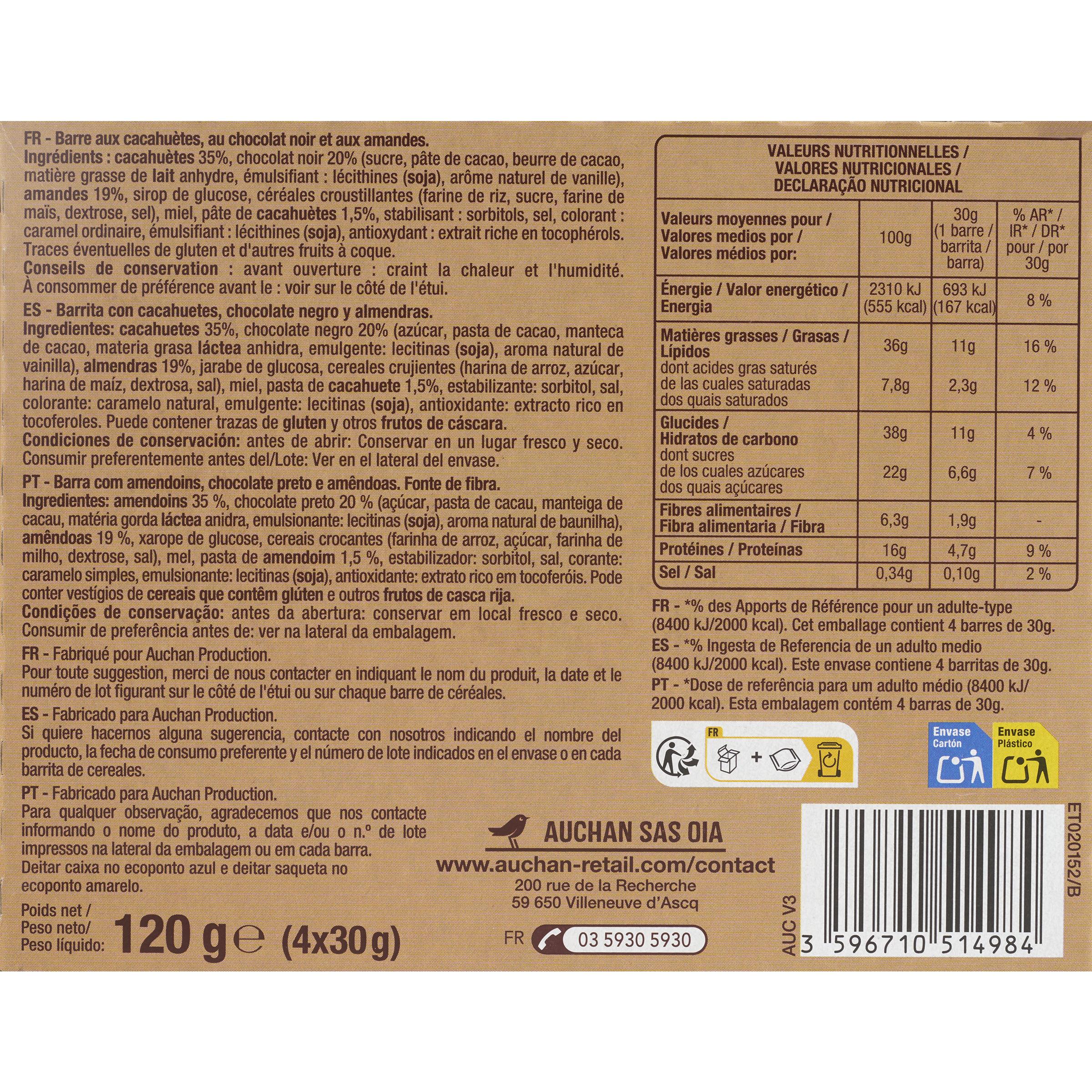 Voir la diapositive 5 : AUCHAN Barres cacahuète chocolat noir amande 4 barres 120g