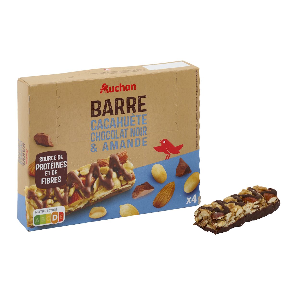 AUCHAN Barres cacahuète chocolat noir amande 4 barres 120g