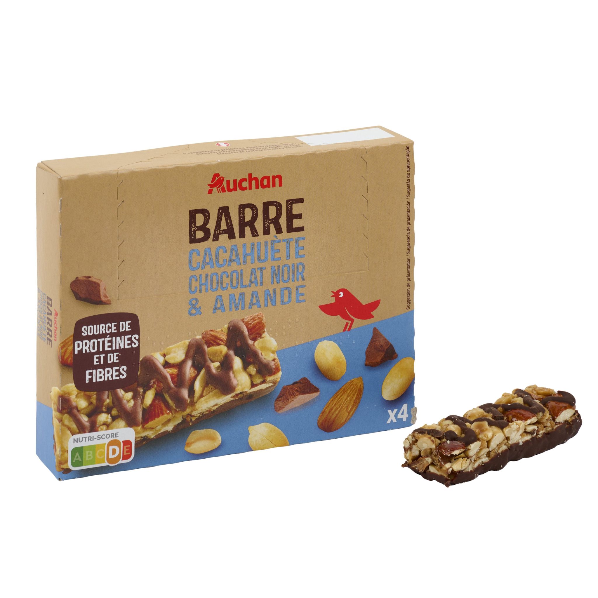 Voir la diapositive 4 : AUCHAN Barres cacahuète chocolat noir amande 4 barres 120g