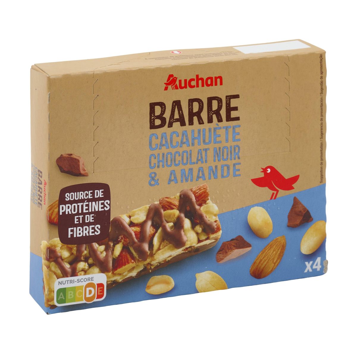 AUCHAN Barres cacahuète chocolat noir amande 4 barres 120g