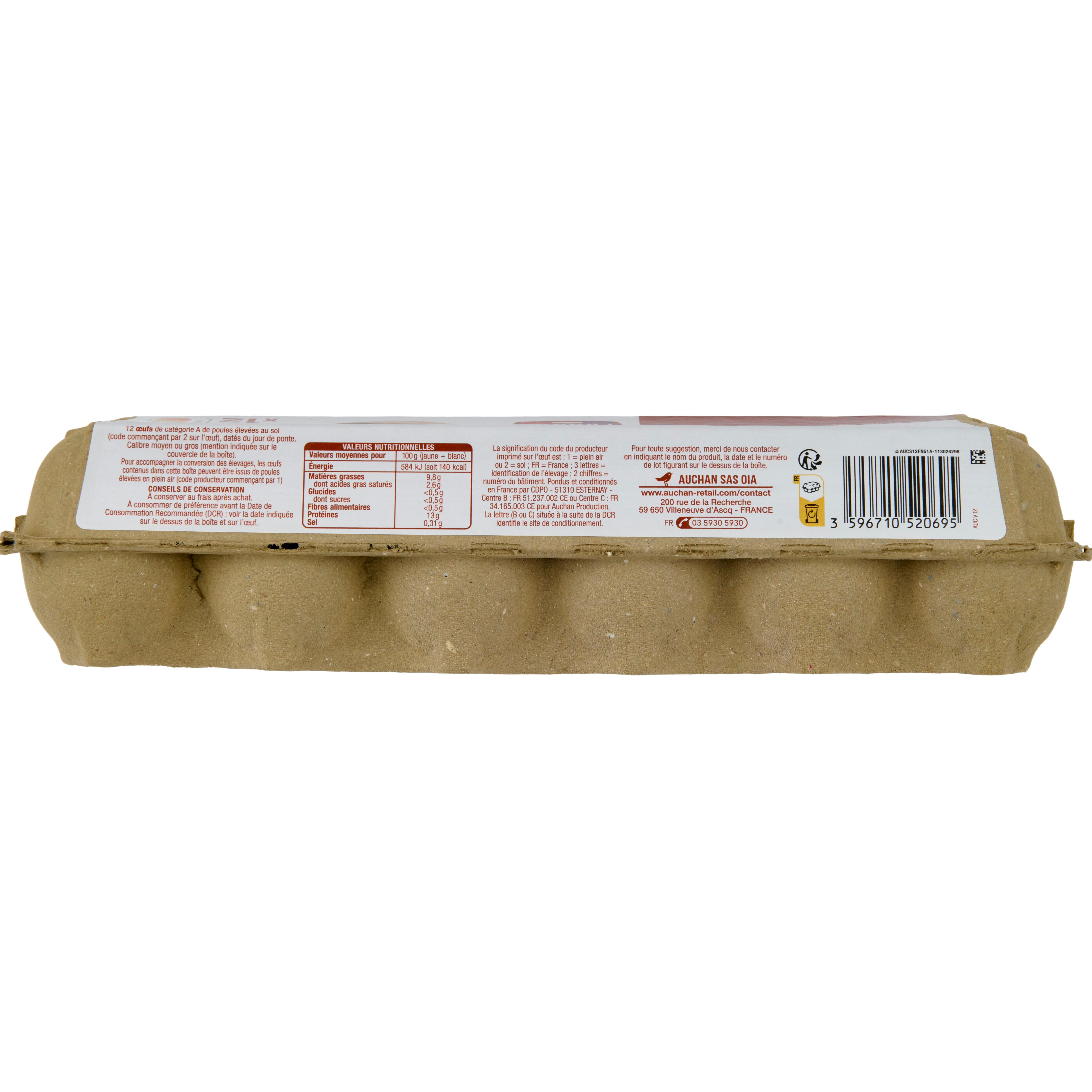Voir la diapositive 2 : AUCHAN Oeufs de poules élevées au sol 12 pièces