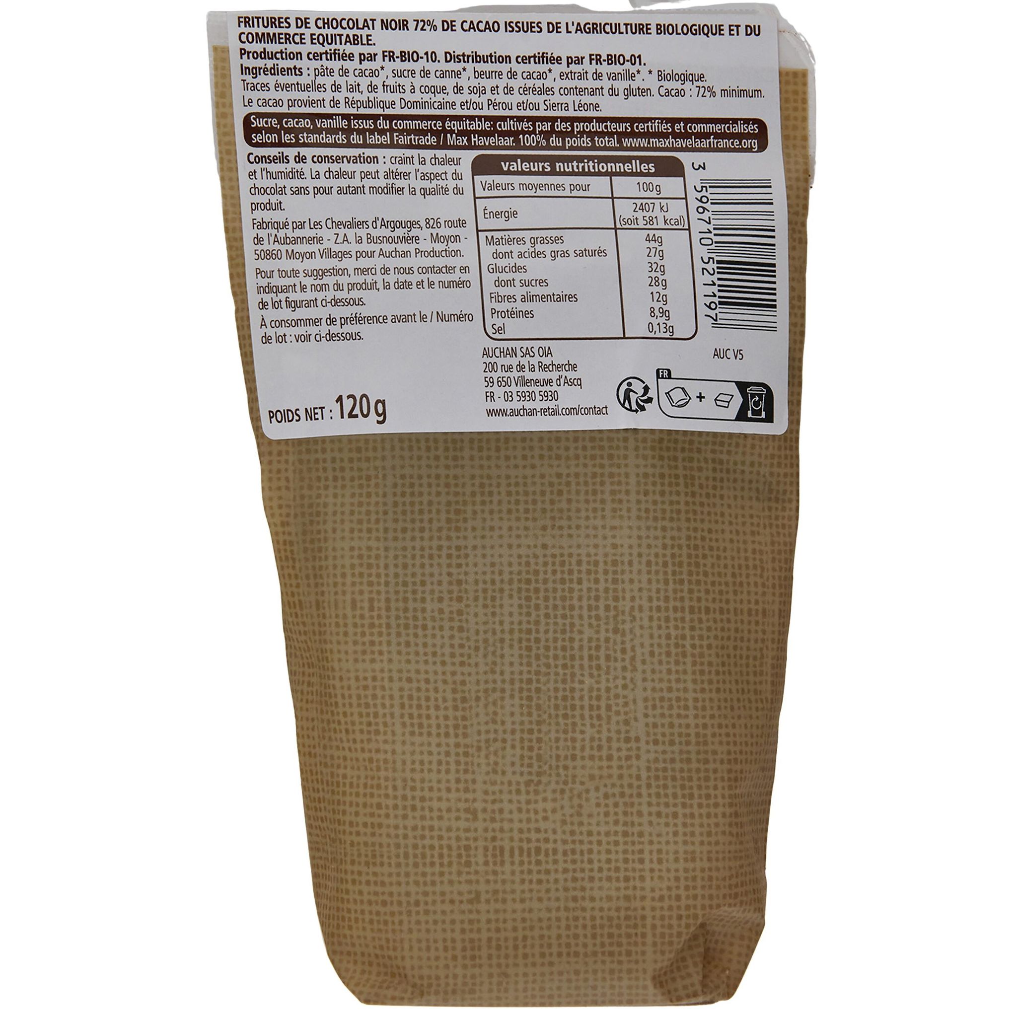 Voir la diapositive 3 : VENDOME Les fritures en chocolat noir 72% cacao bio 120g