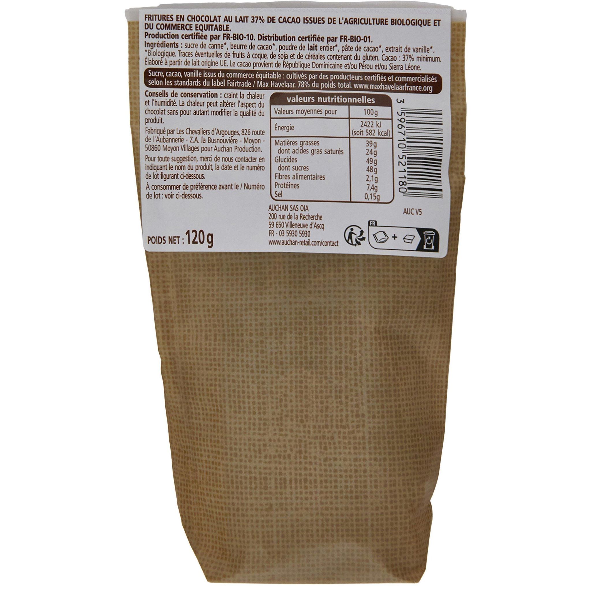 Voir la diapositive 2 : VENDOME Les fritures au chocolat au lait 37% cacao bio 120g