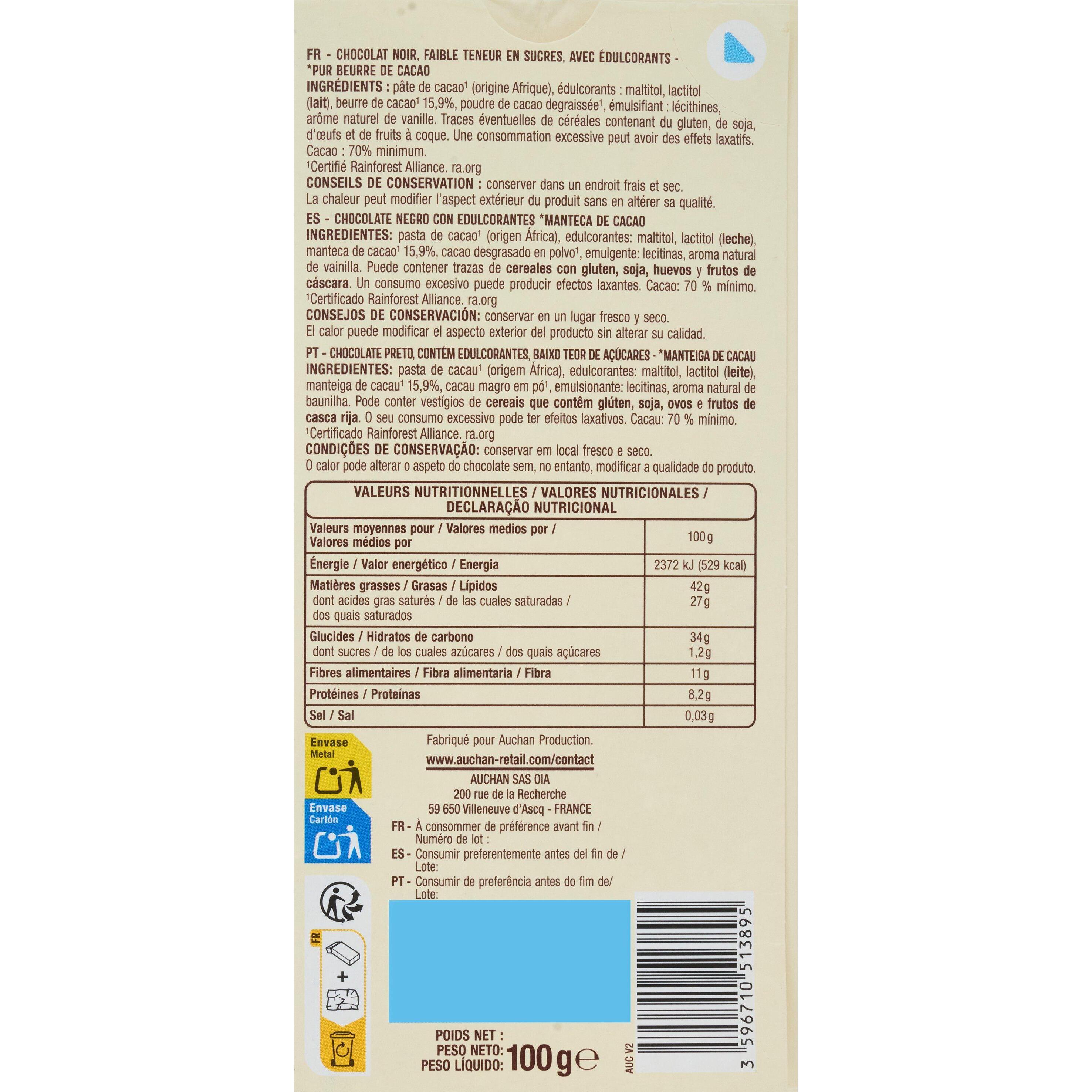 Voir la diapositive 2 : AUCHAN Tablette de chocolat noir 70% cacao faible teneur en sucres 1 pièce 100g