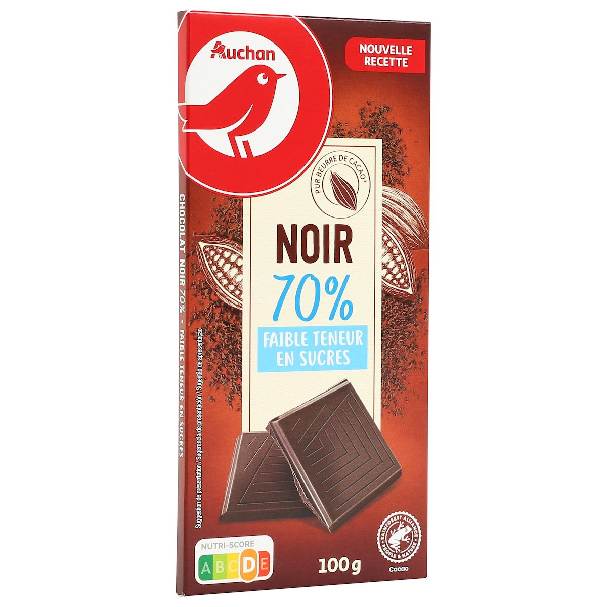 AUCHAN Tablette de chocolat noir 70% cacao faible teneur en sucres 1 pièce 100g