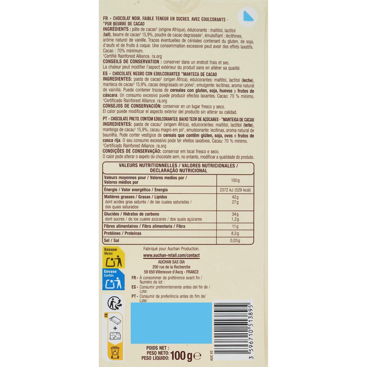 AUCHAN Tablette de chocolat noir 70% cacao faible teneur en sucres 1 pièce 100g
