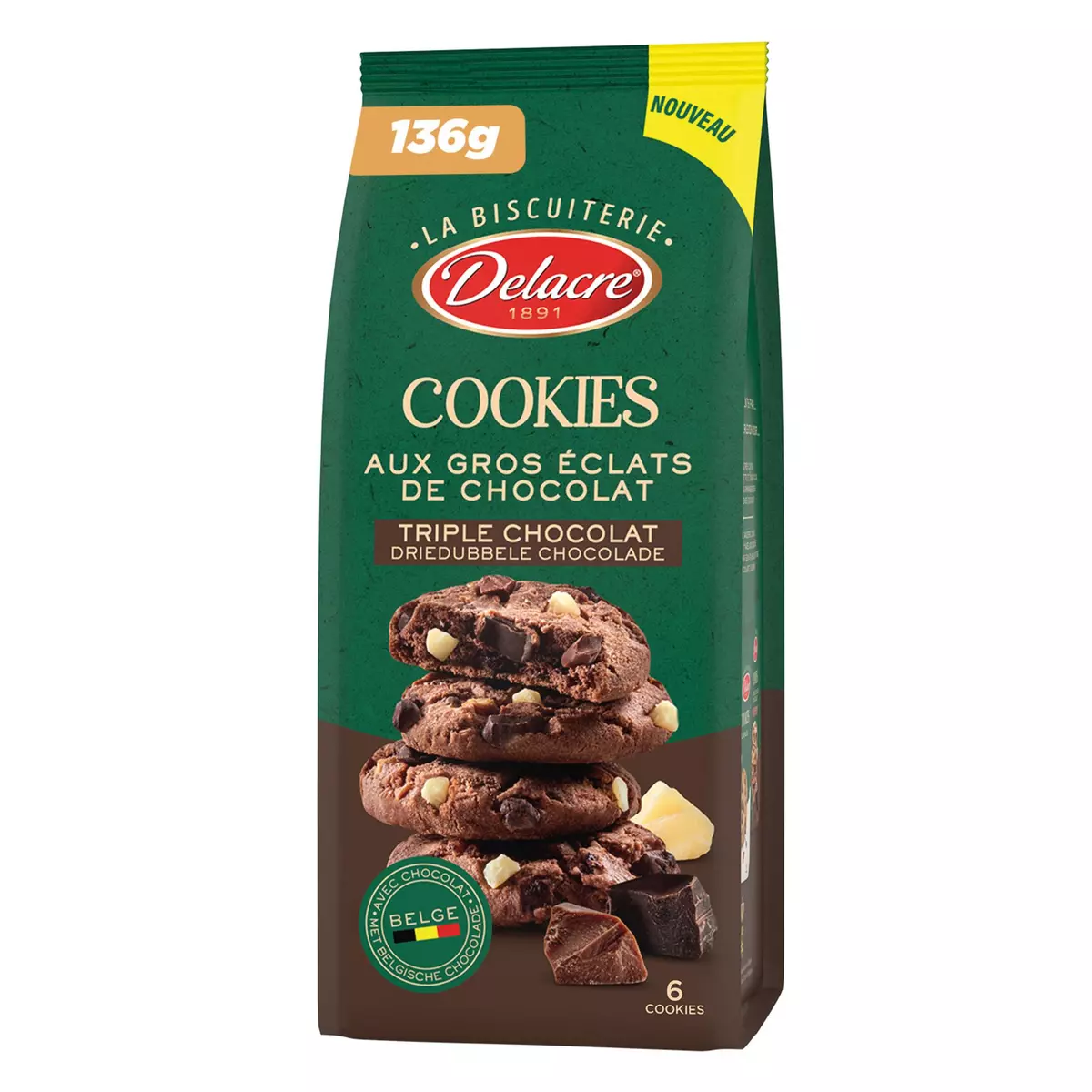 DELACRE Cookies triple chocolat aux gros éclats de chocolat 6 cookies 136g  pas cher 