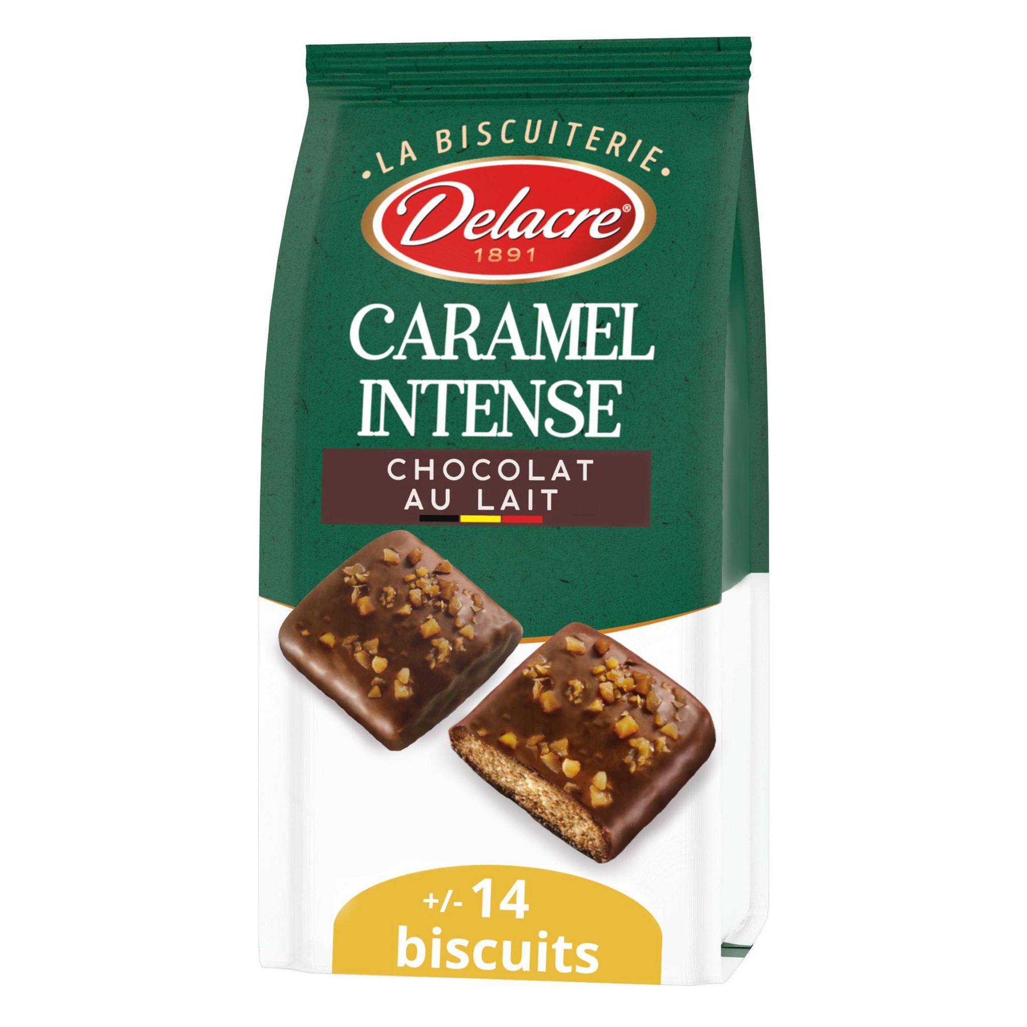 Voir la diapositive 2 : DELACRE Biscuits au chocolat au lait belge caramel intense environ 14 biscuits 130g