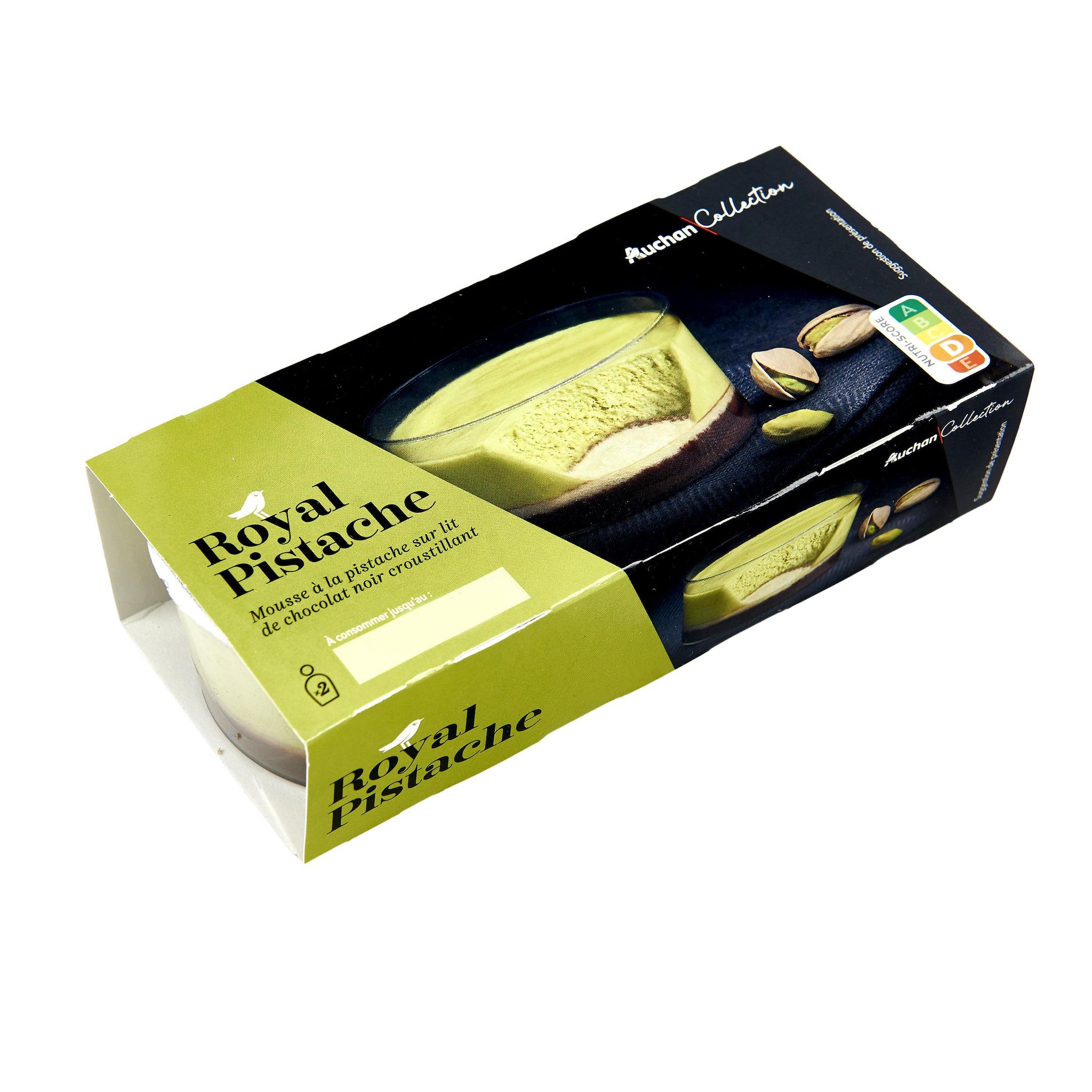 Voir la diapositive 2 : AUCHAN COLLECTION Royal mousse à la pistache sur lit de chocolat noir croustillant 2x85g