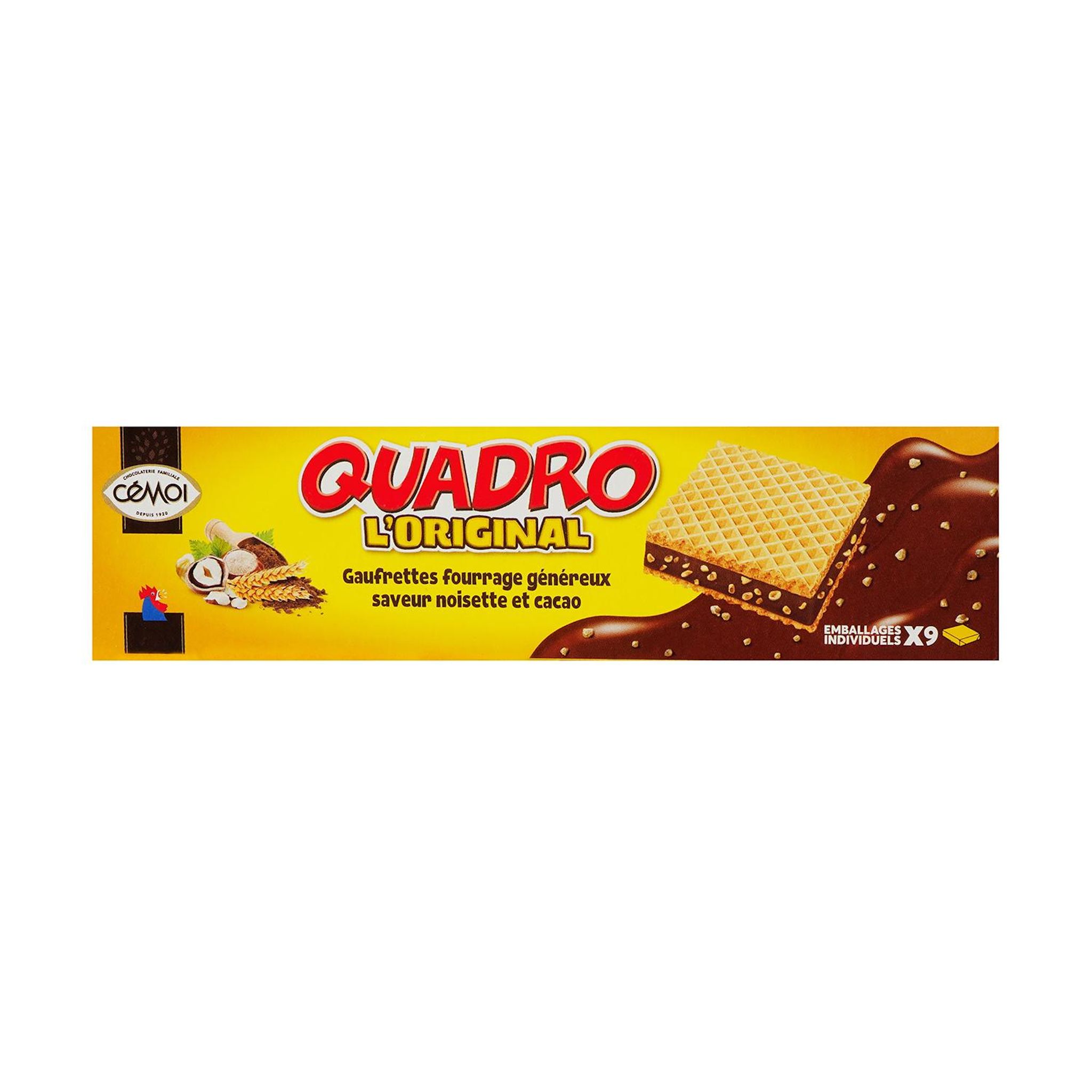 Voir la diapositive 2 : CEMOI Quadro gaufrettes fourrées au praliné saveur noisette et cacao 9 gaufrettes 187g