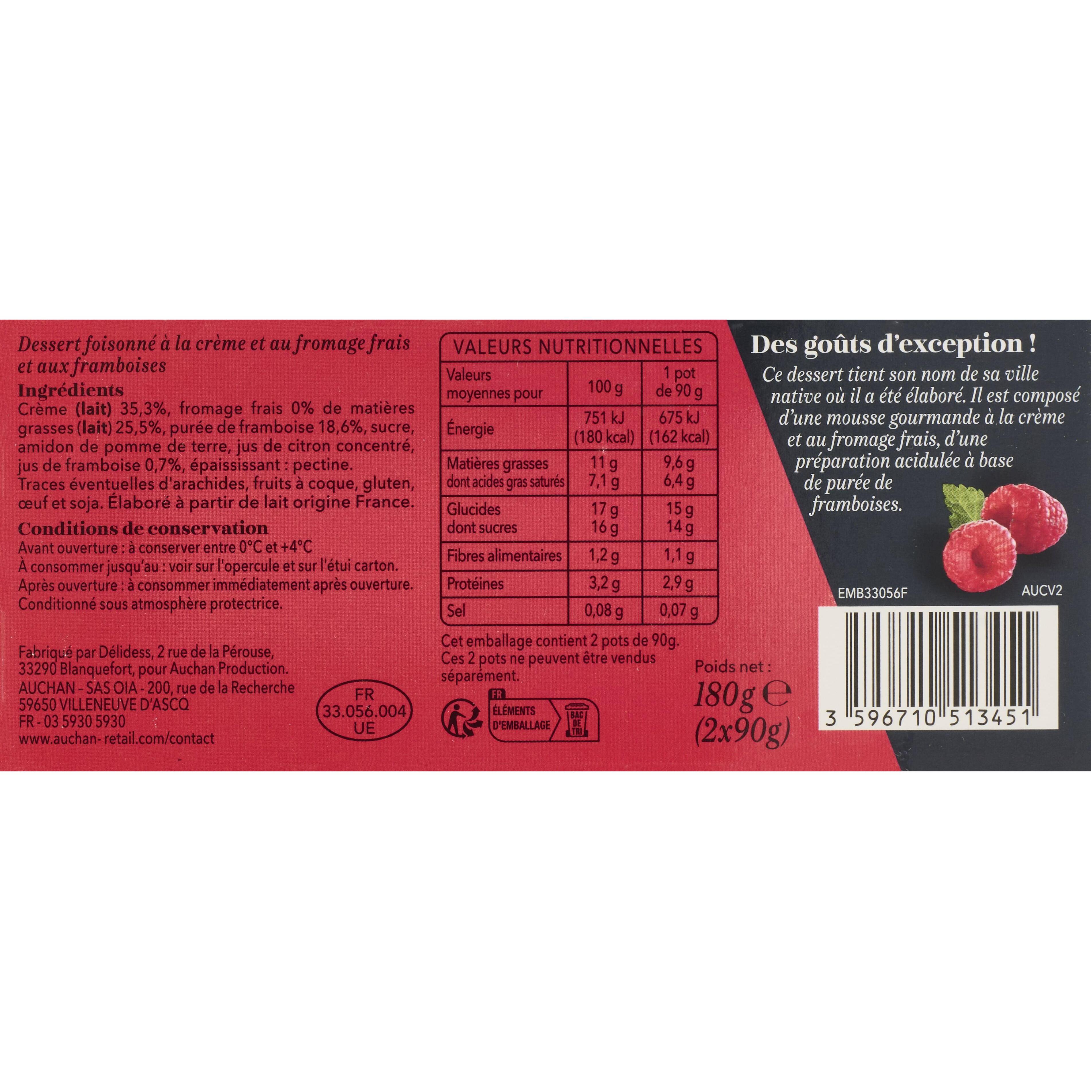 Voir la diapositive 2 : AUCHAN COLLECTION FONTAINEBLEAU Mousse de fromage frais sur lit de purée de framboises 2x90g