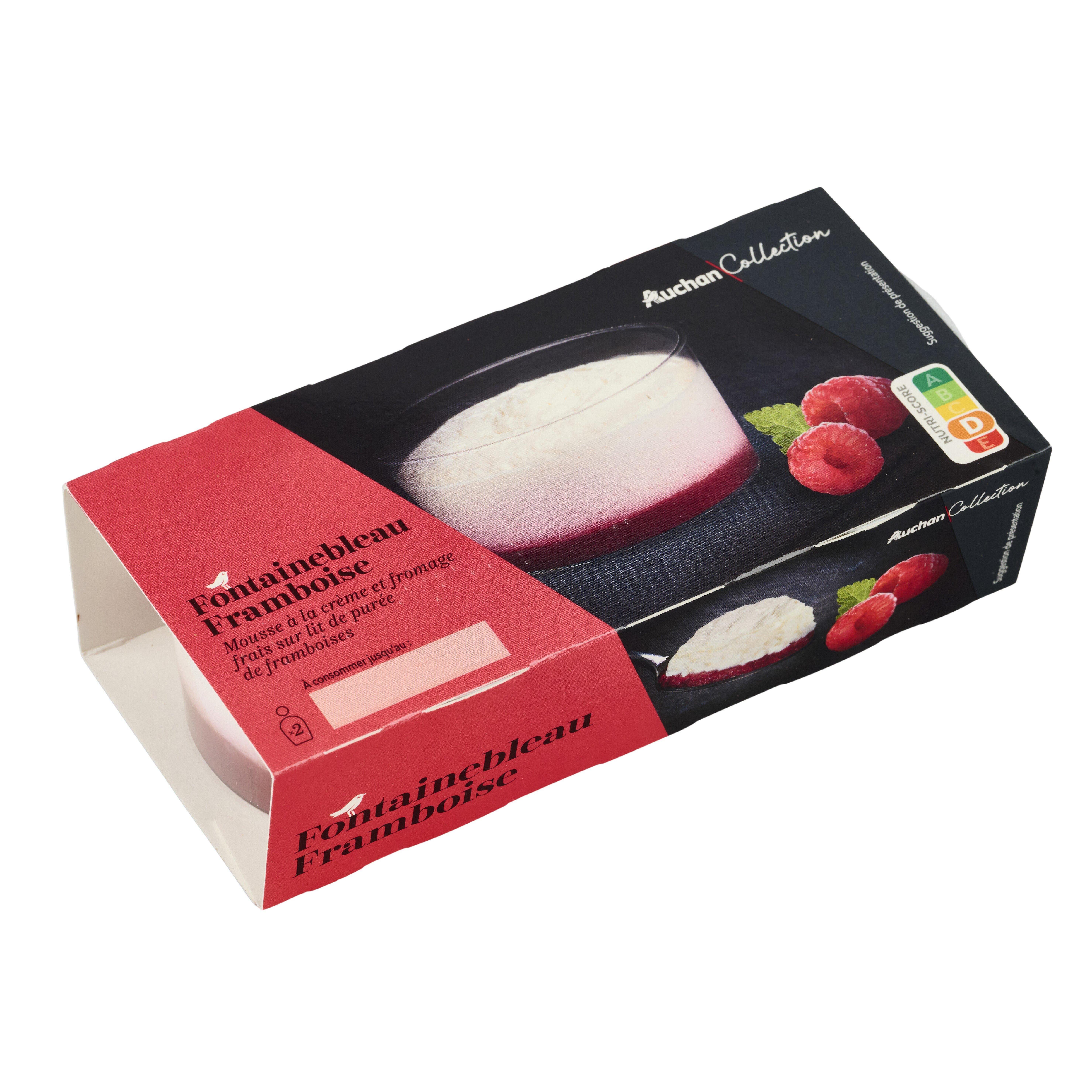 Voir la diapositive 3 : AUCHAN COLLECTION FONTAINEBLEAU Mousse de fromage frais sur lit de purée de framboises 2x90g
