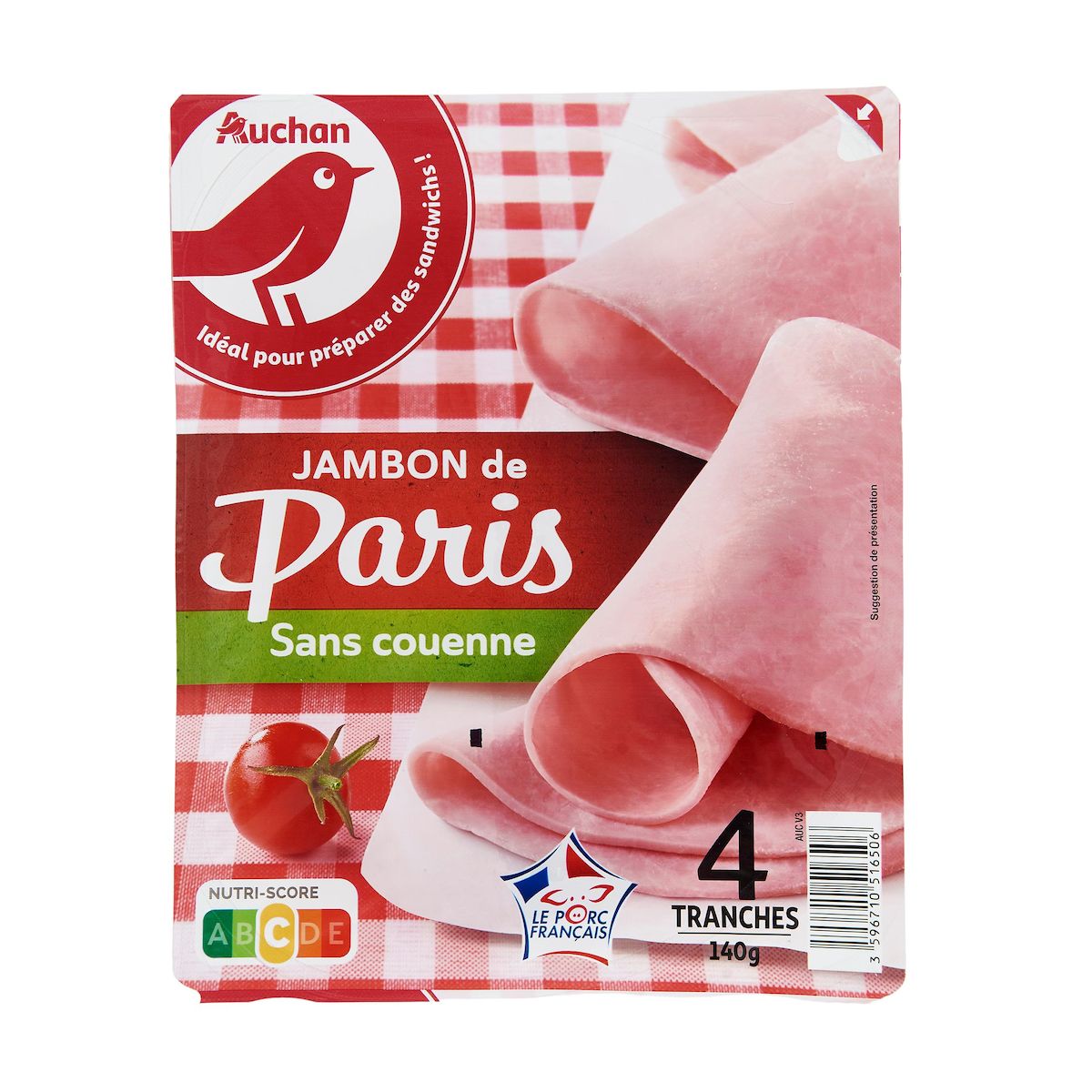 AUCHAN Jambon de Paris sans couenne 4 tranches 140g