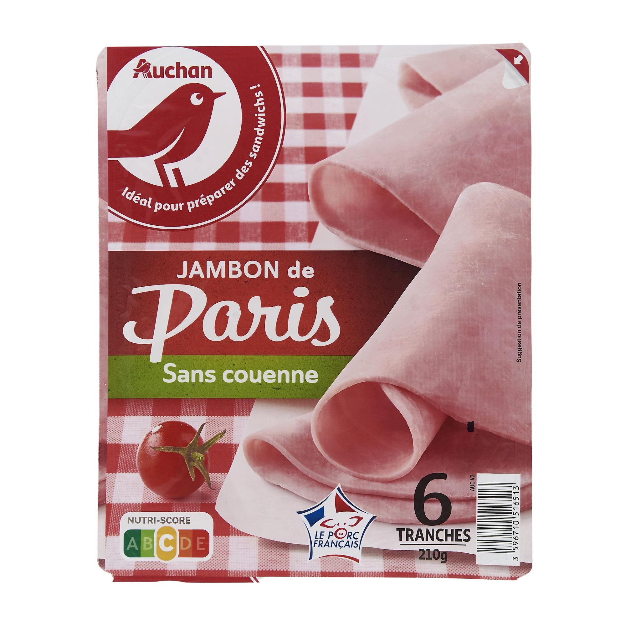 Voir la diapositive 2 : AUCHAN Jambon de Paris sans couenne 6 tranches 210g
