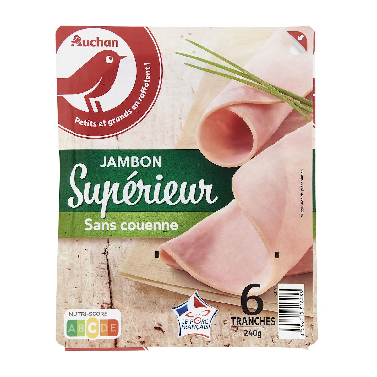AUCHAN Jambon supérieur sans couenne 6 tranches 240g