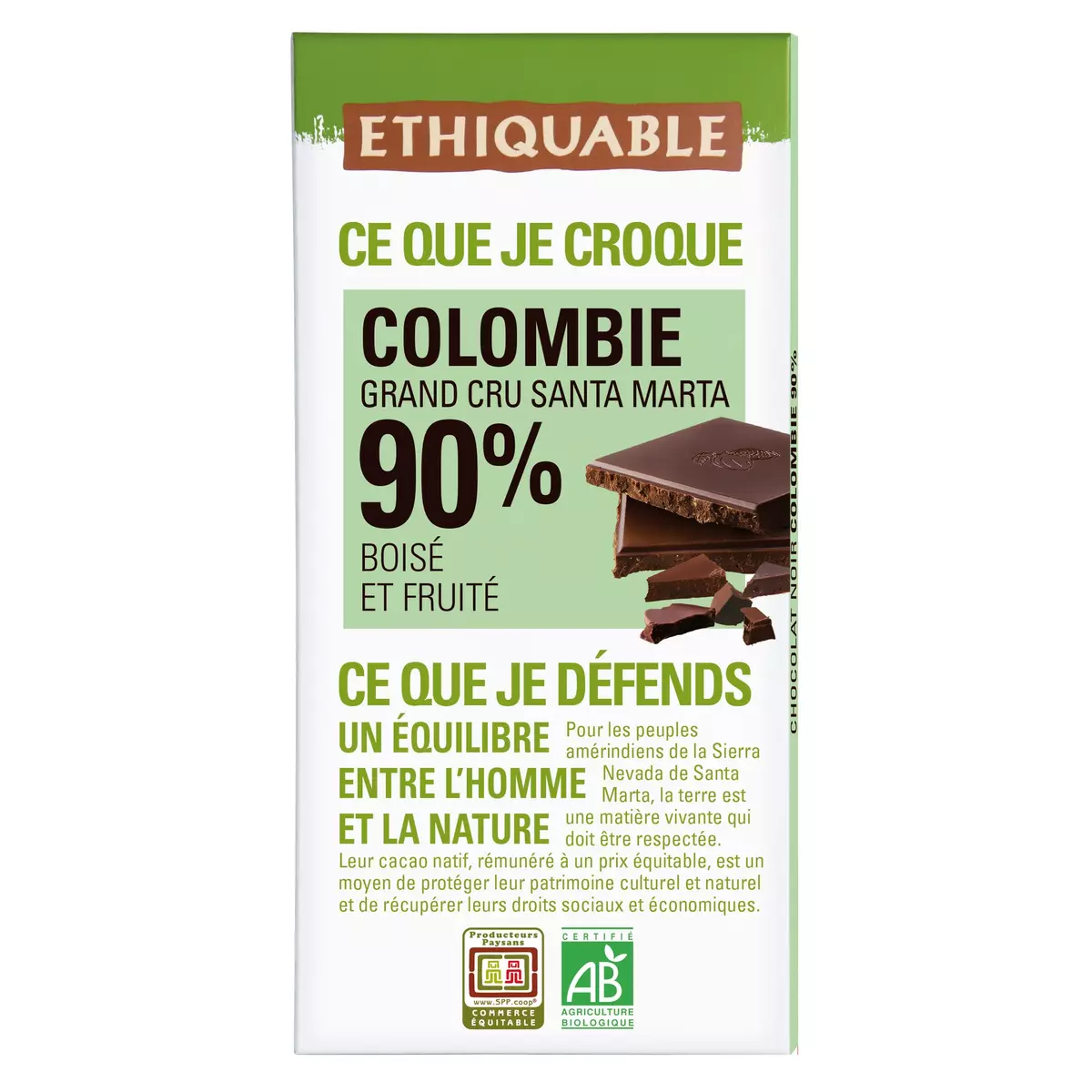 ETHIQUABLE Tablette de chocolat noir bio Nicaragua 90% boisé et fruité 1 pièce 100g