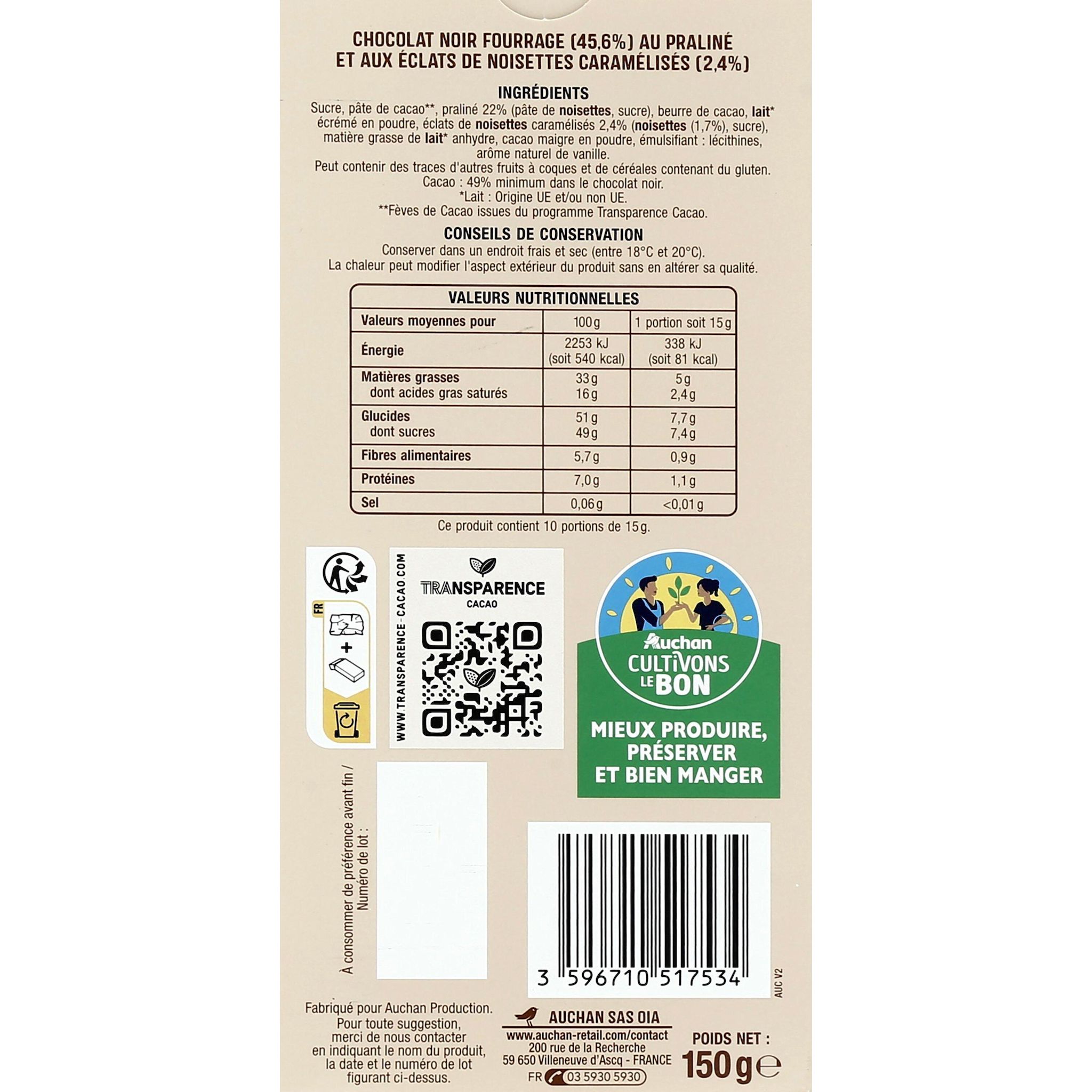 Voir la diapositive 2 : AUCHAN CULTIVONS LE BON Tablette de chocolat noir façon rocher 1 pièce 150g