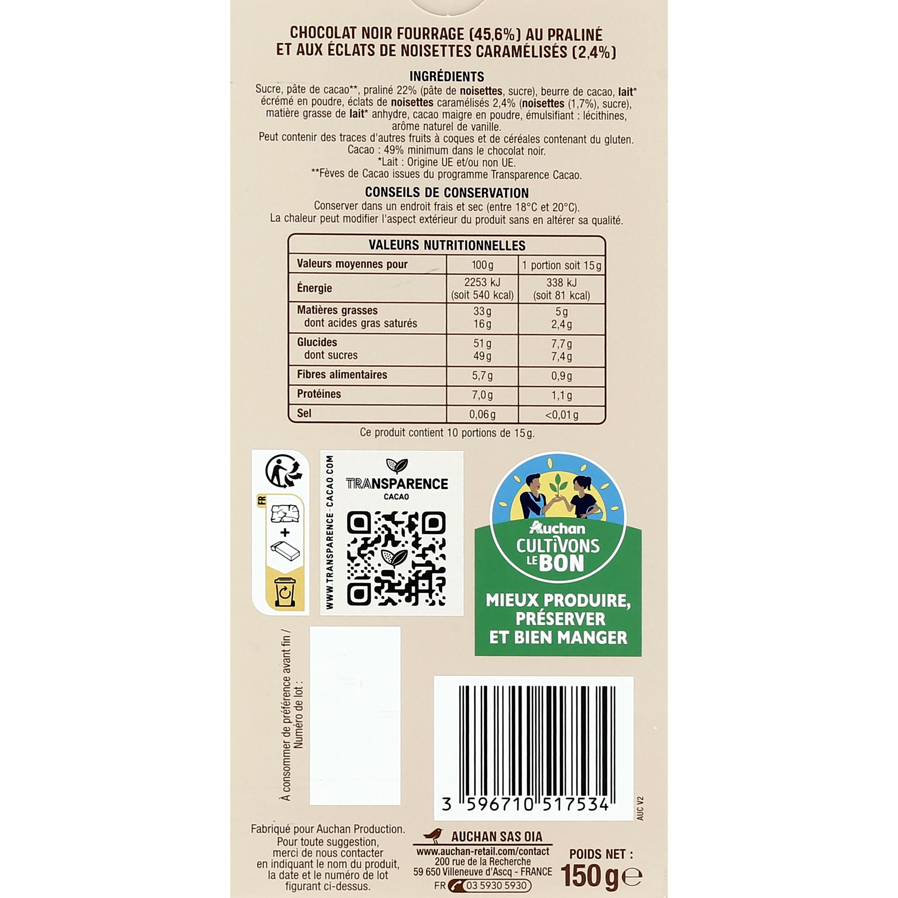 Voir la diapositive 3 : AUCHAN CULTIVONS LE BON Tablette de chocolat noir façon rocher 1 pièce 150g