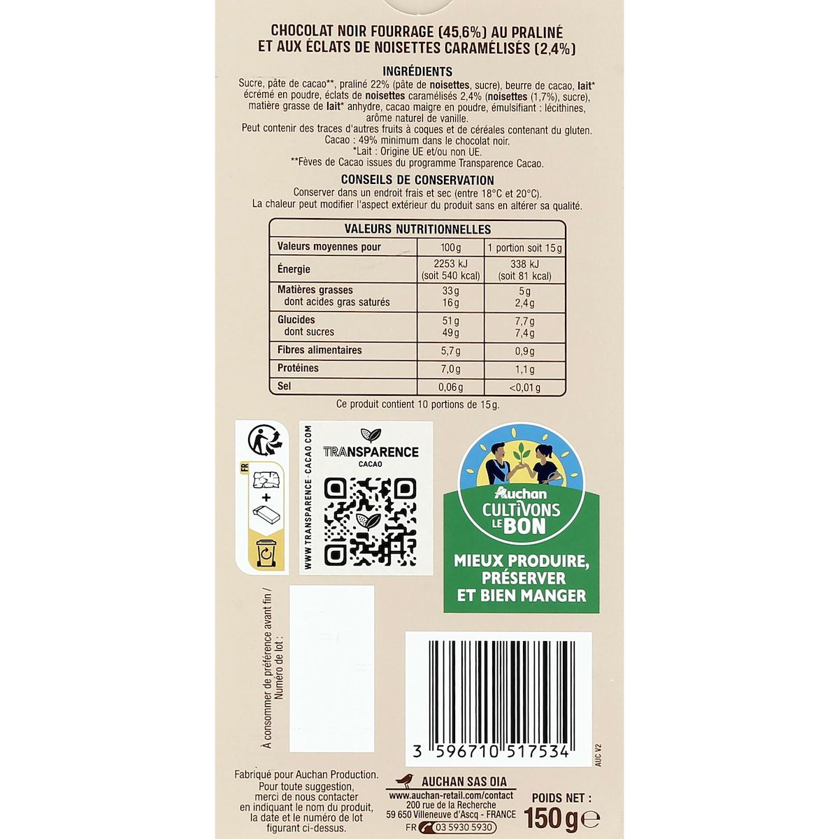 AUCHAN CULTIVONS LE BON Tablette de chocolat noir façon rocher 1 pièce 150g