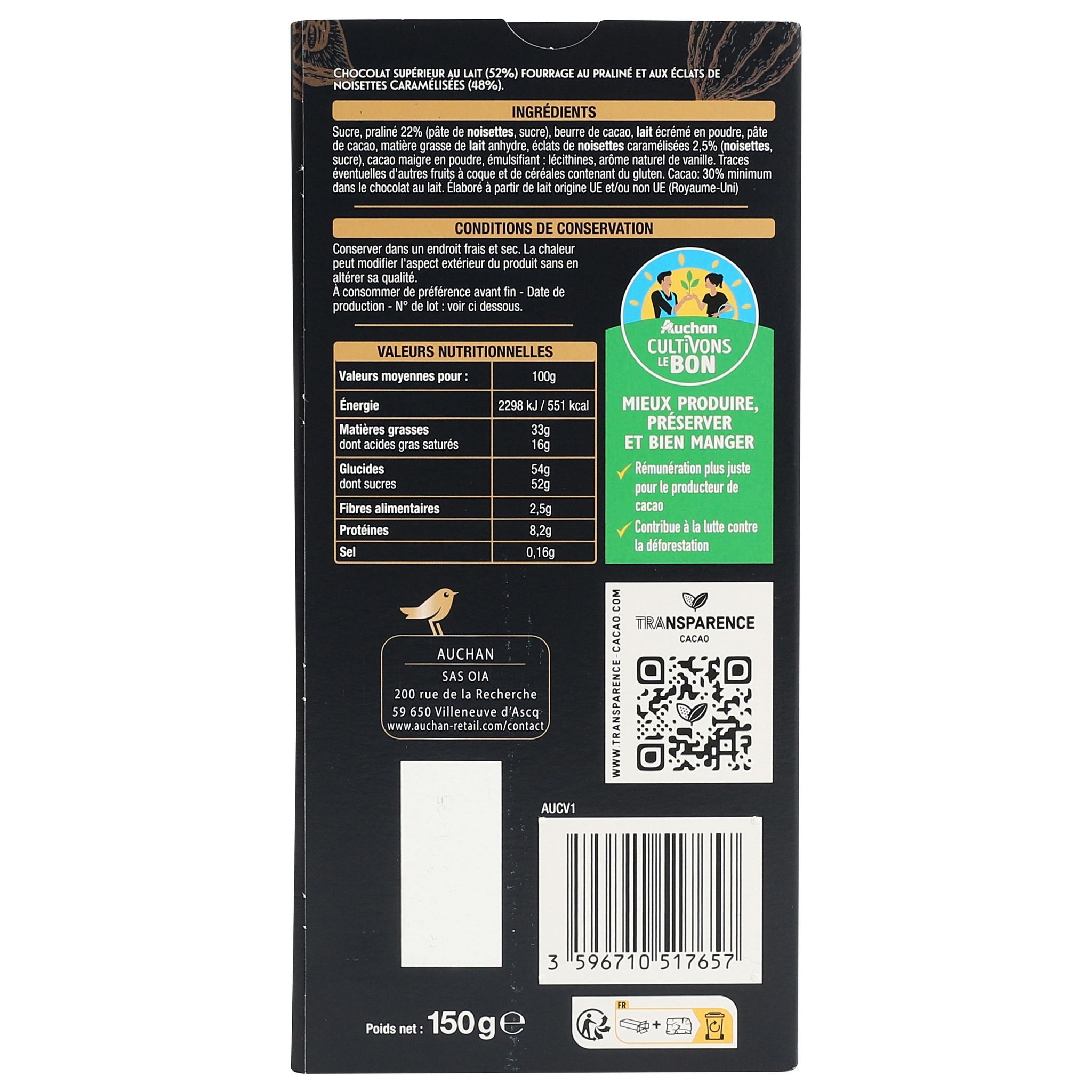 Voir la diapositive 3 : AUCHAN GOURMET CULTIVONS LE BON Tablette de chocolat au lait façon rocher 1 pièce 150g