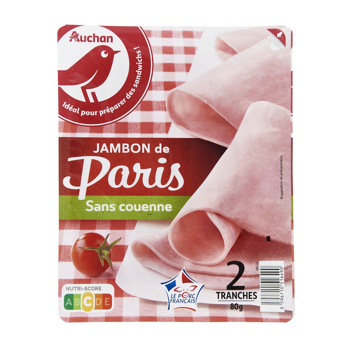 AUCHAN Jambon de Paris sans couenne 2 tranches 80g