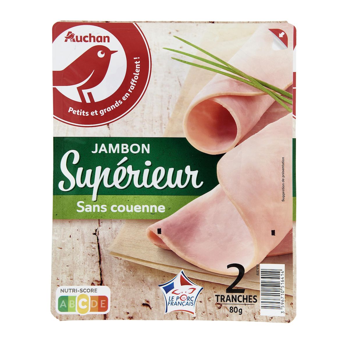 AUCHAN Jambon supérieur sans couenne 2 tranches 80g