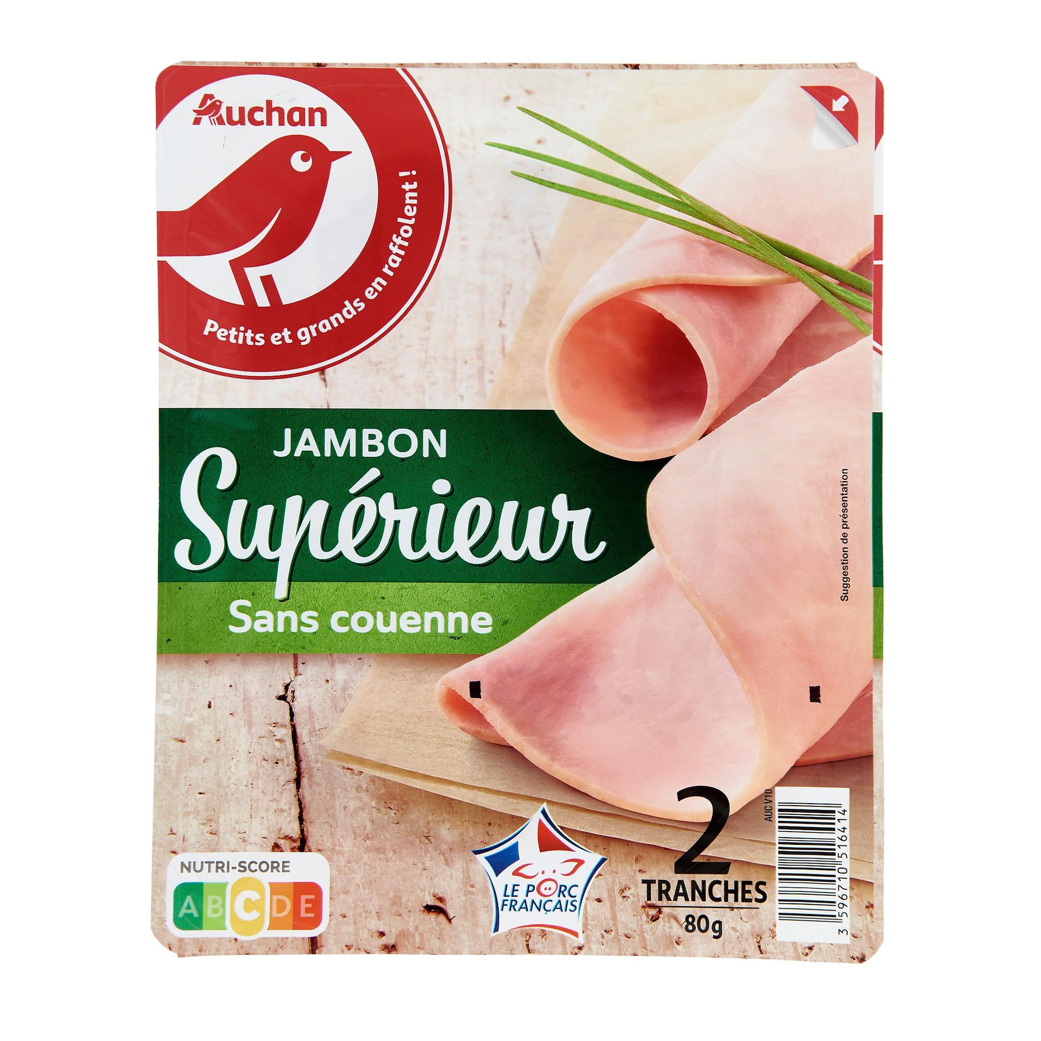 Voir la diapositive 2 : AUCHAN Jambon supérieur sans couenne 2 tranches 80g