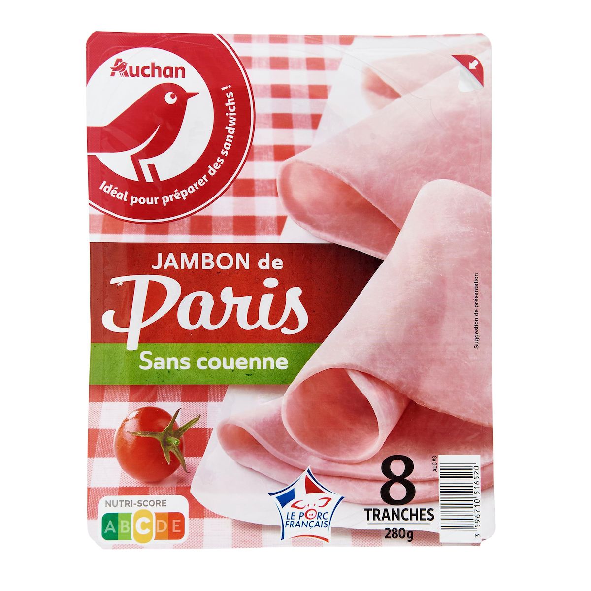 AUCHAN Jambon de Paris sans couenne 8 tranches 280g
