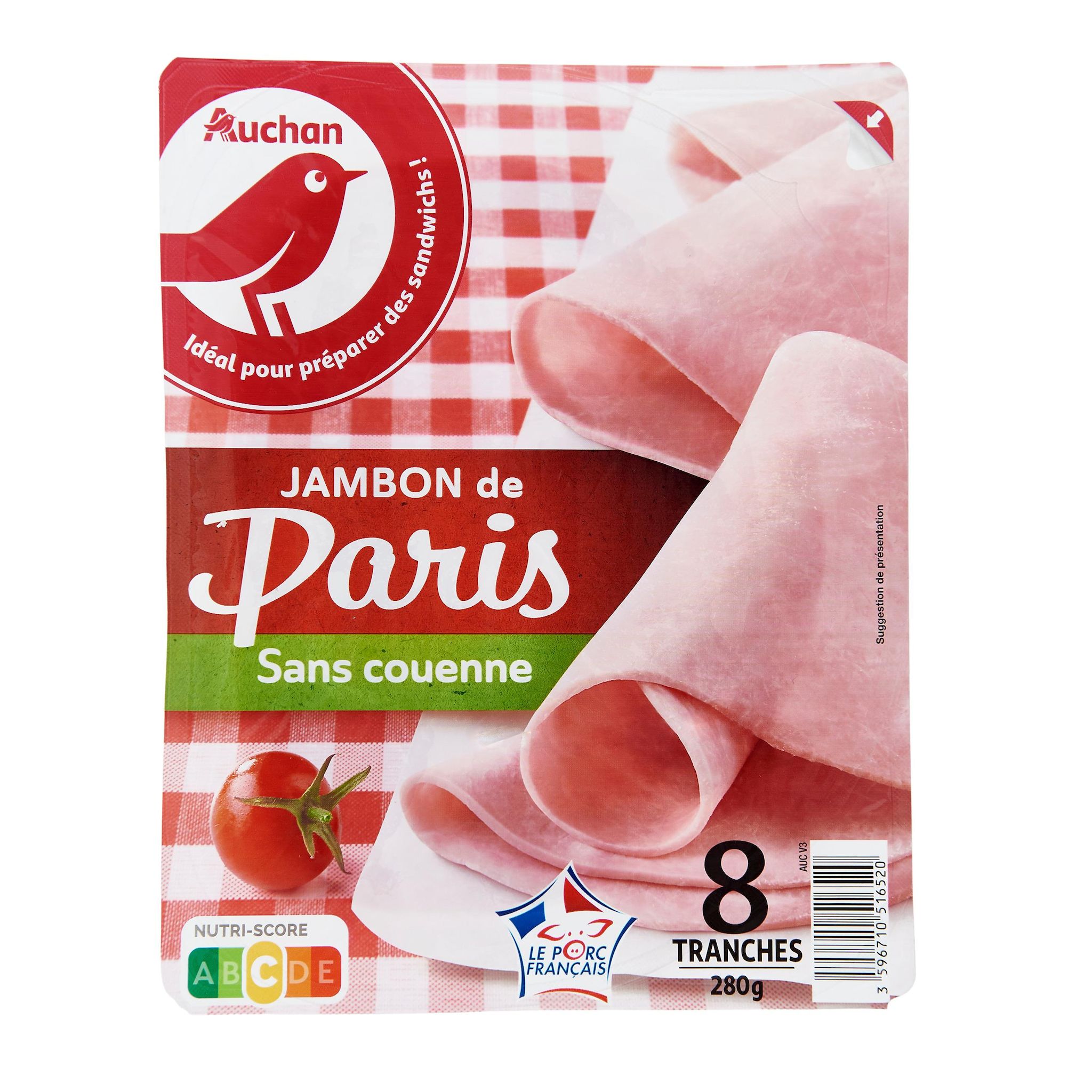 Voir la diapositive 2 : AUCHAN Jambon de Paris sans couenne 8 tranches 280g