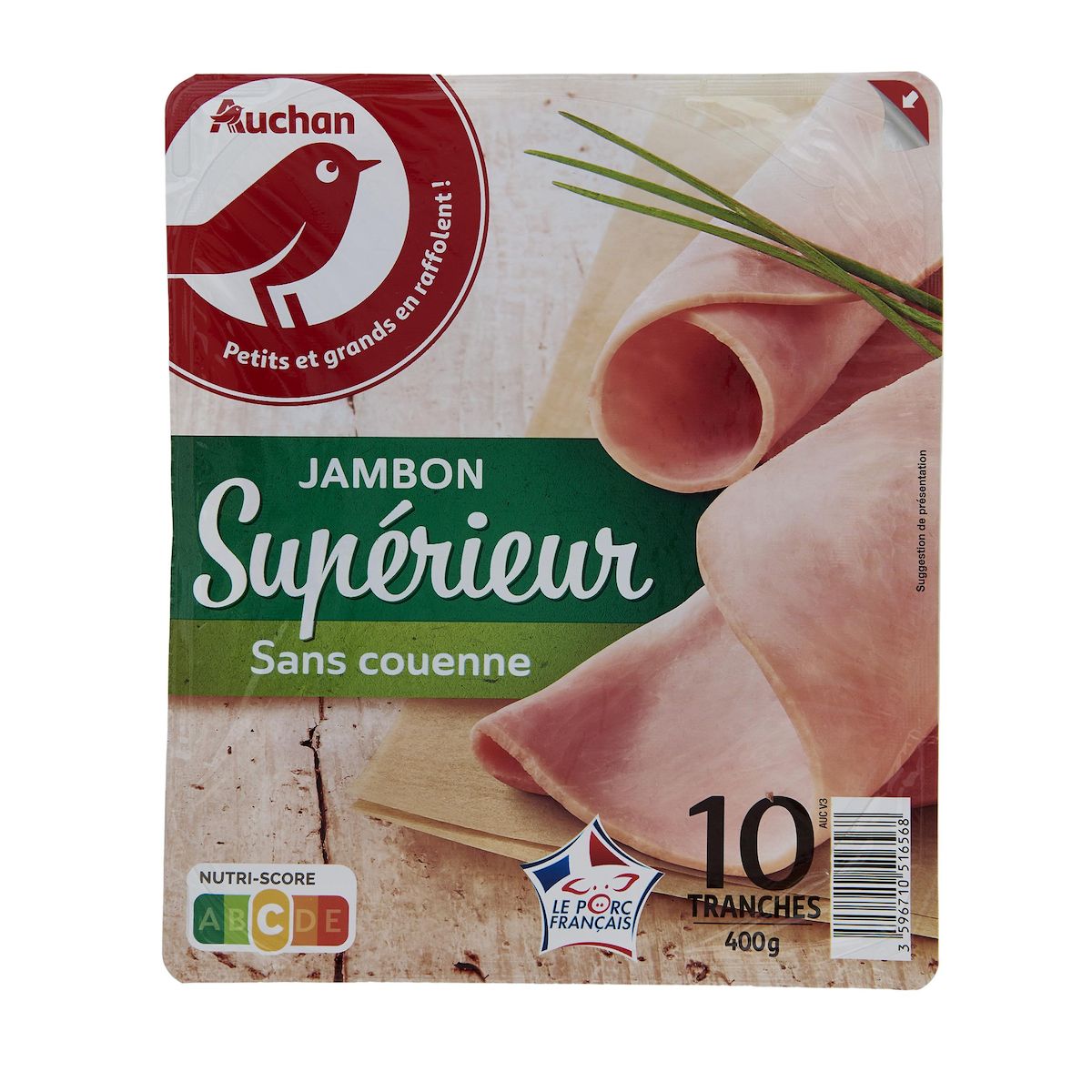 AUCHAN Jambon supérieur sans couenne 10 tranches 400g