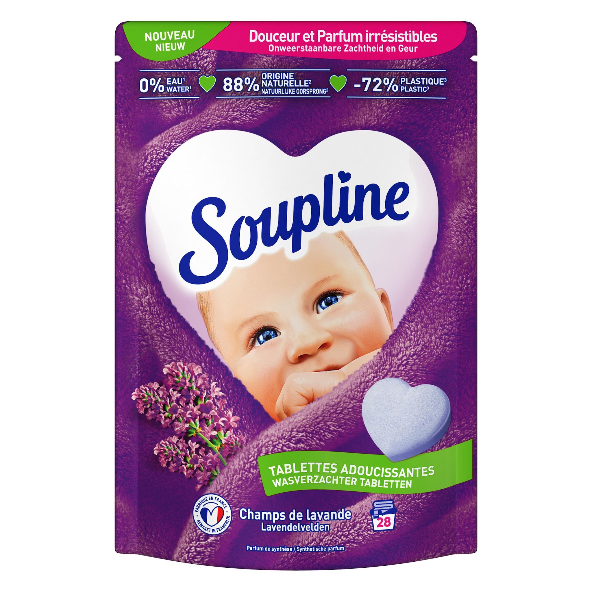 Voir la diapositive 2 : SOUPLINE Adoucissant coeur en tablettes Champs de lavande 28 lavages 346g