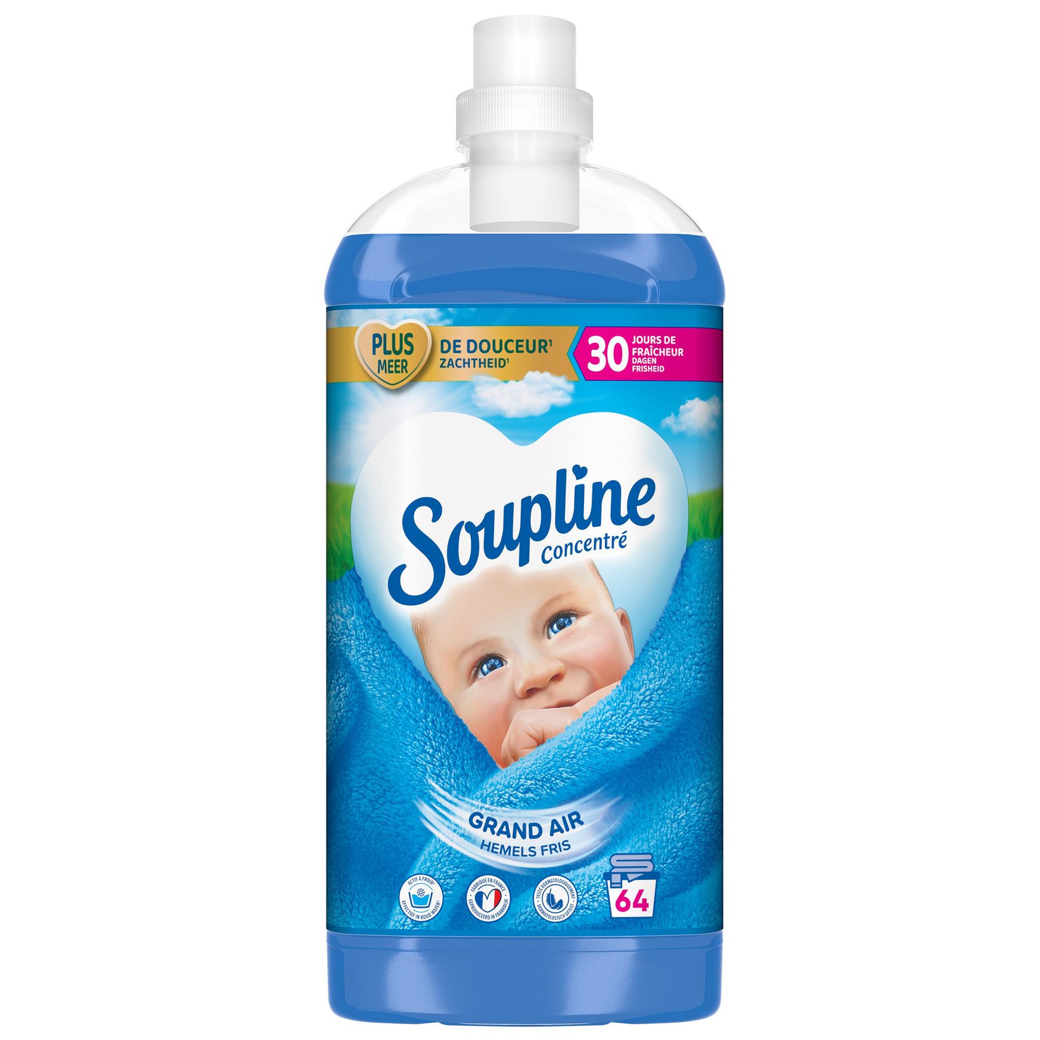 Voir la diapositive 2 : SOUPLINE Adoucissant liquide concentré Grand air 64 lavages 1,35l