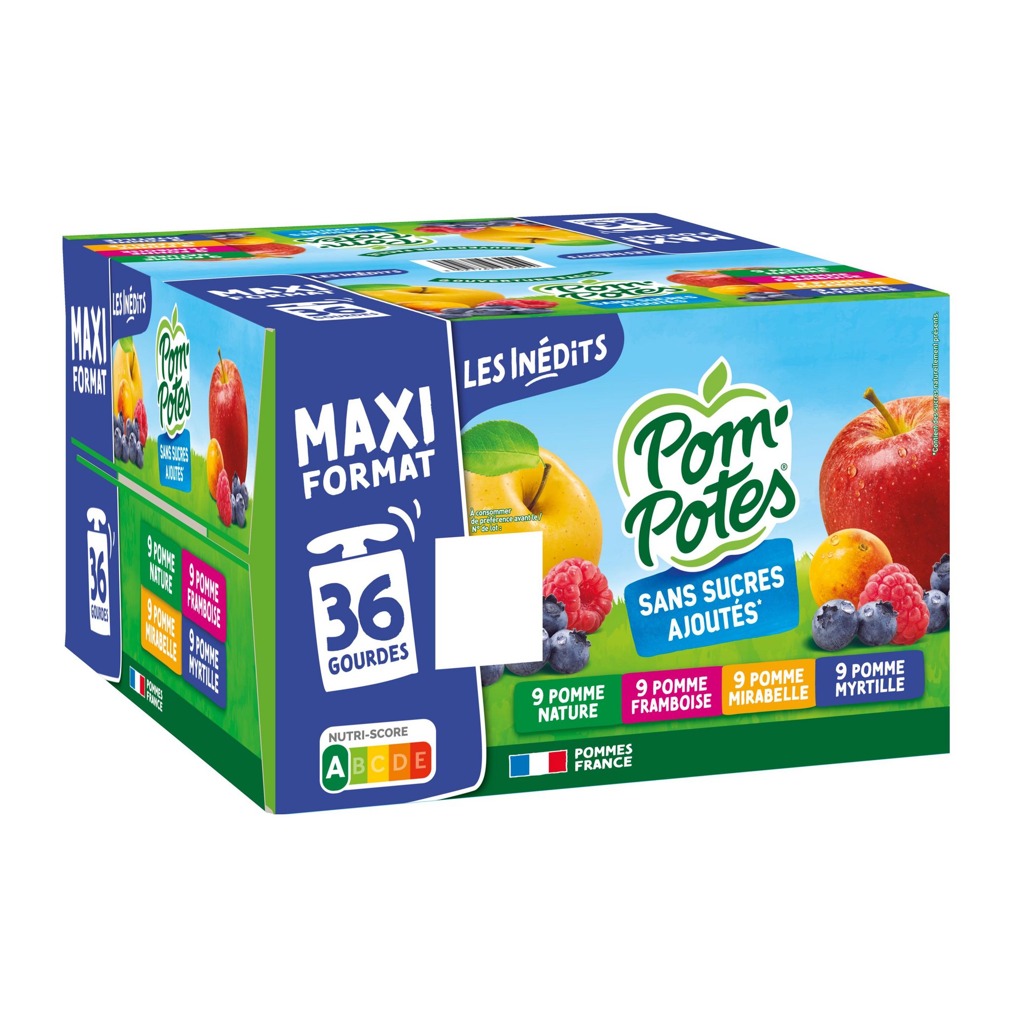 POM'POTES Gourdes compote pomme framboise mirabelle myrtille sans sucres ajoutés 36 gourdes 3,24kg