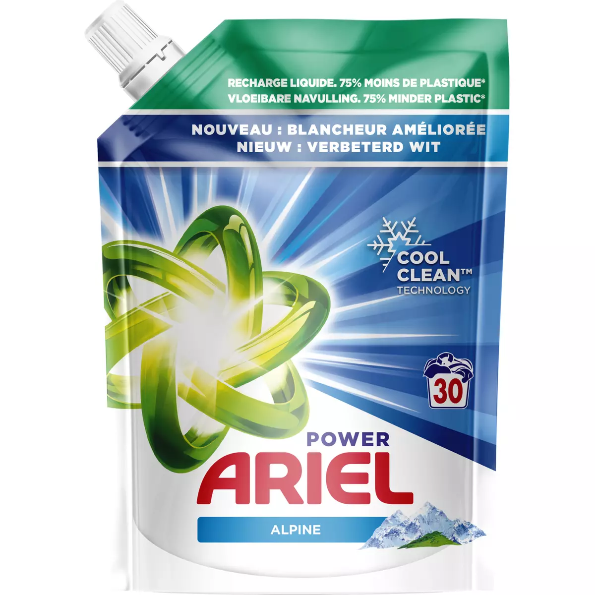 ARIEL Power recharge lessive liquide alpine 30 lavages 1.5l pas cher 