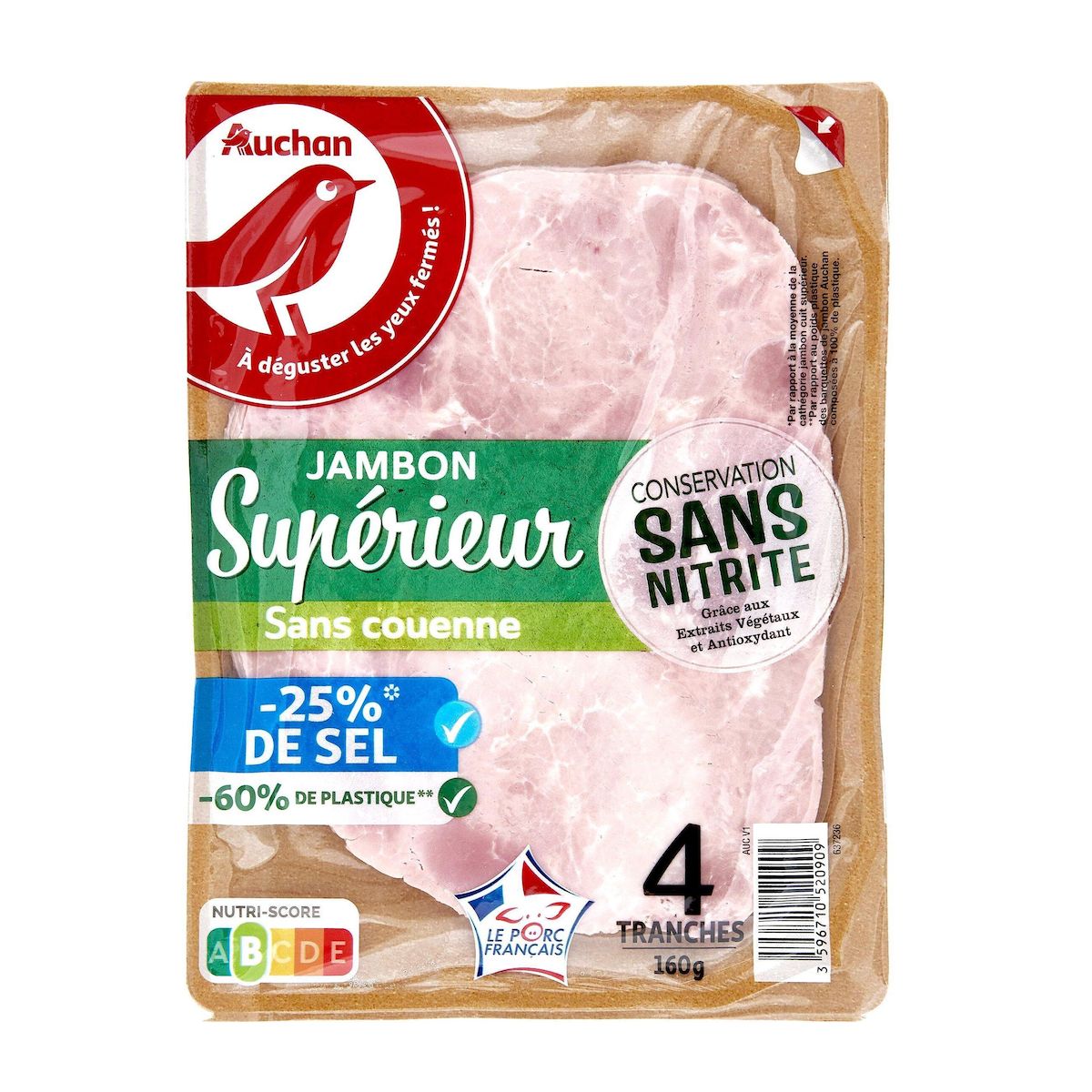AUCHAN Jambon supérieur sans couenne réduit en sel sans nitrite 4 tranches 160g