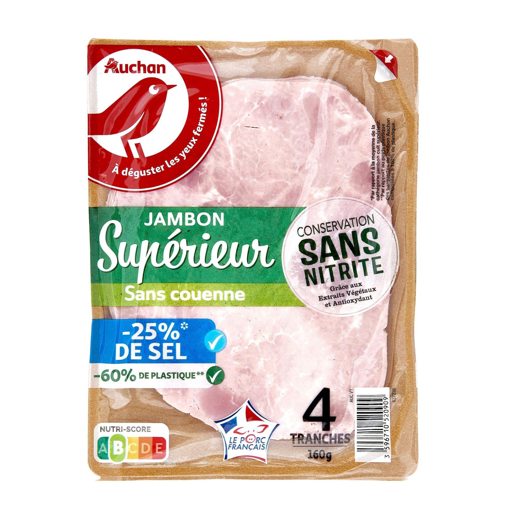 Voir la diapositive 2 : AUCHAN Jambon supérieur sans couenne réduit en sel sans nitrite 4 tranches 160g