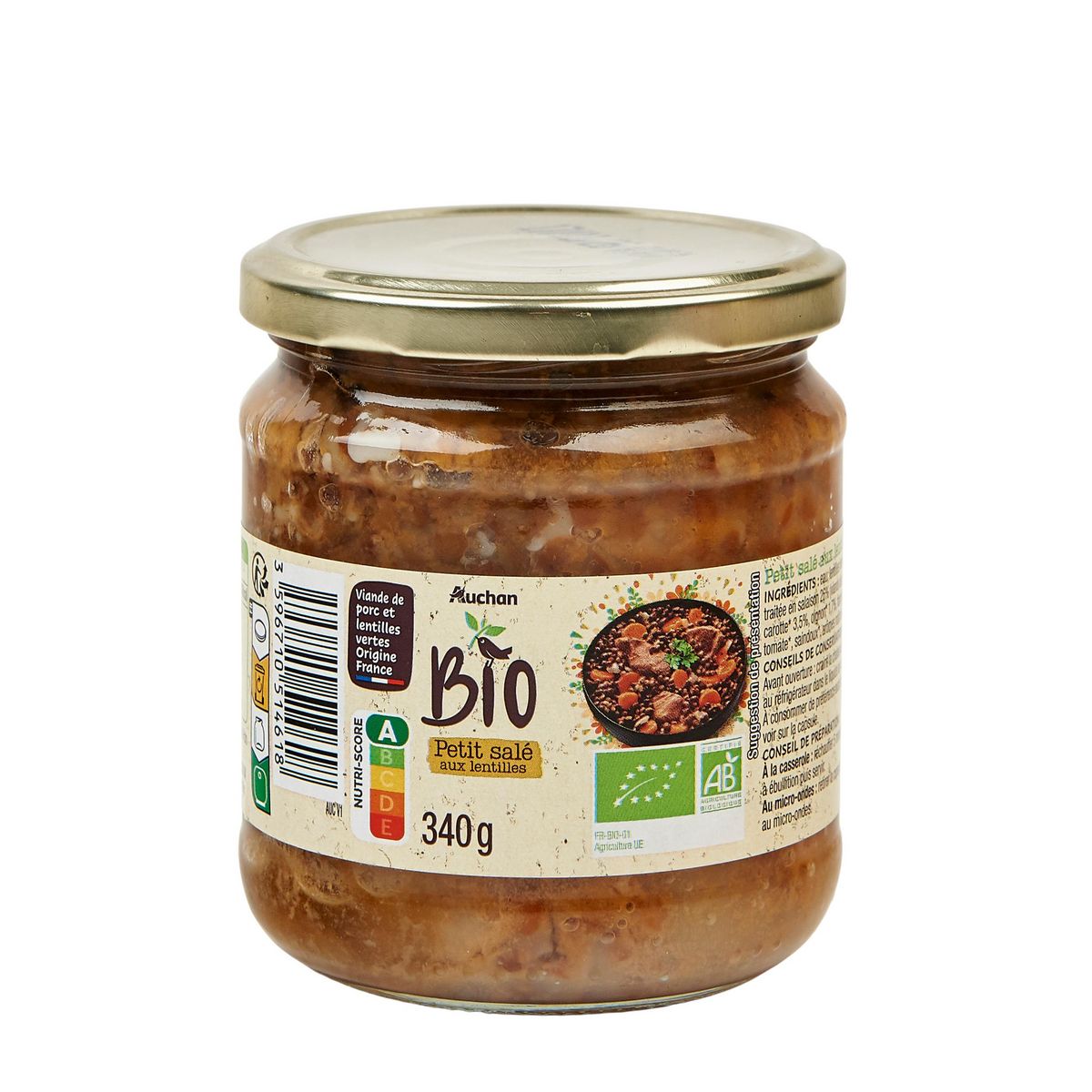 AUCHAN BIO Petit salé aux lentilles 340g
