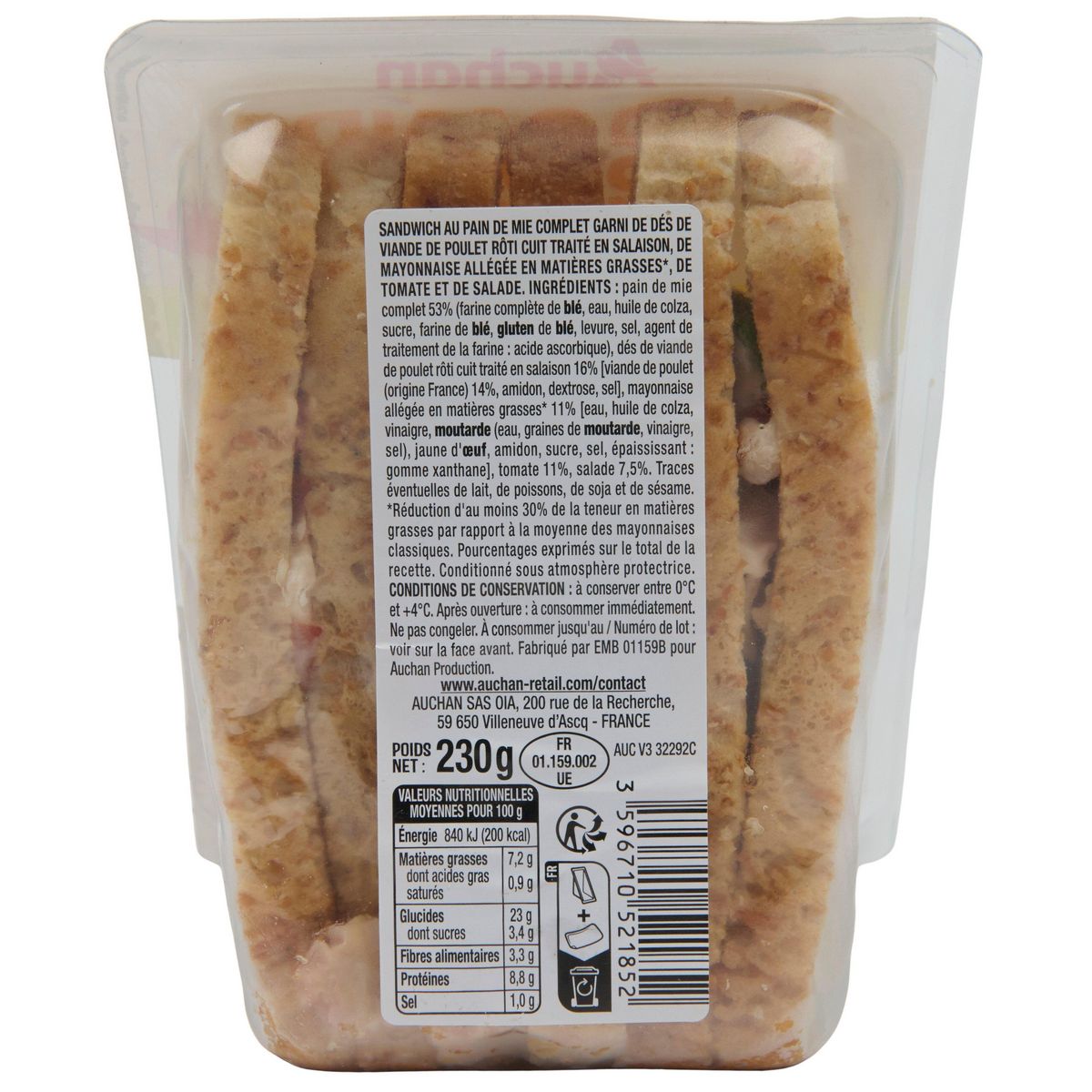 AUCHAN Sandwich triple poulet rôti crudités mayonnaise 3 pièces 230g