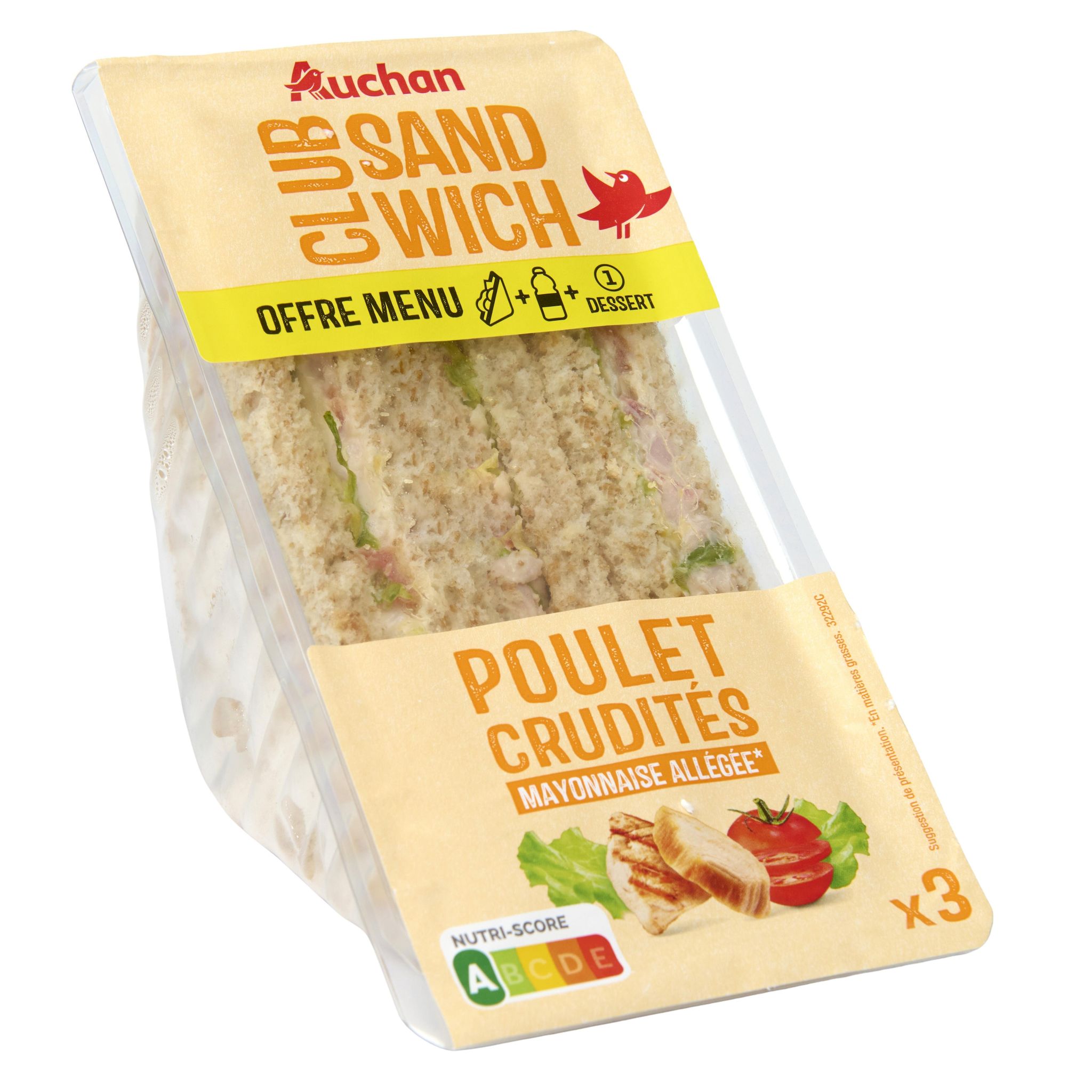 Voir la diapositive 3 : AUCHAN Sandwich triple poulet rôti crudités mayonnaise 3 pièces 230g