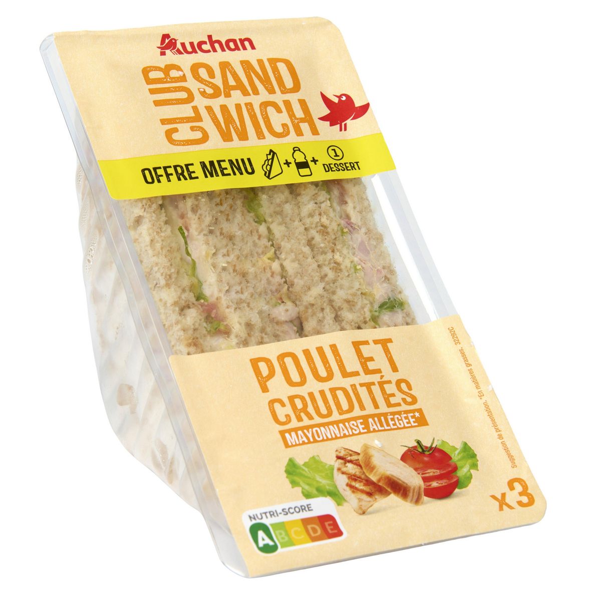 AUCHAN Sandwich triple poulet rôti crudités mayonnaise 3 pièces 230g