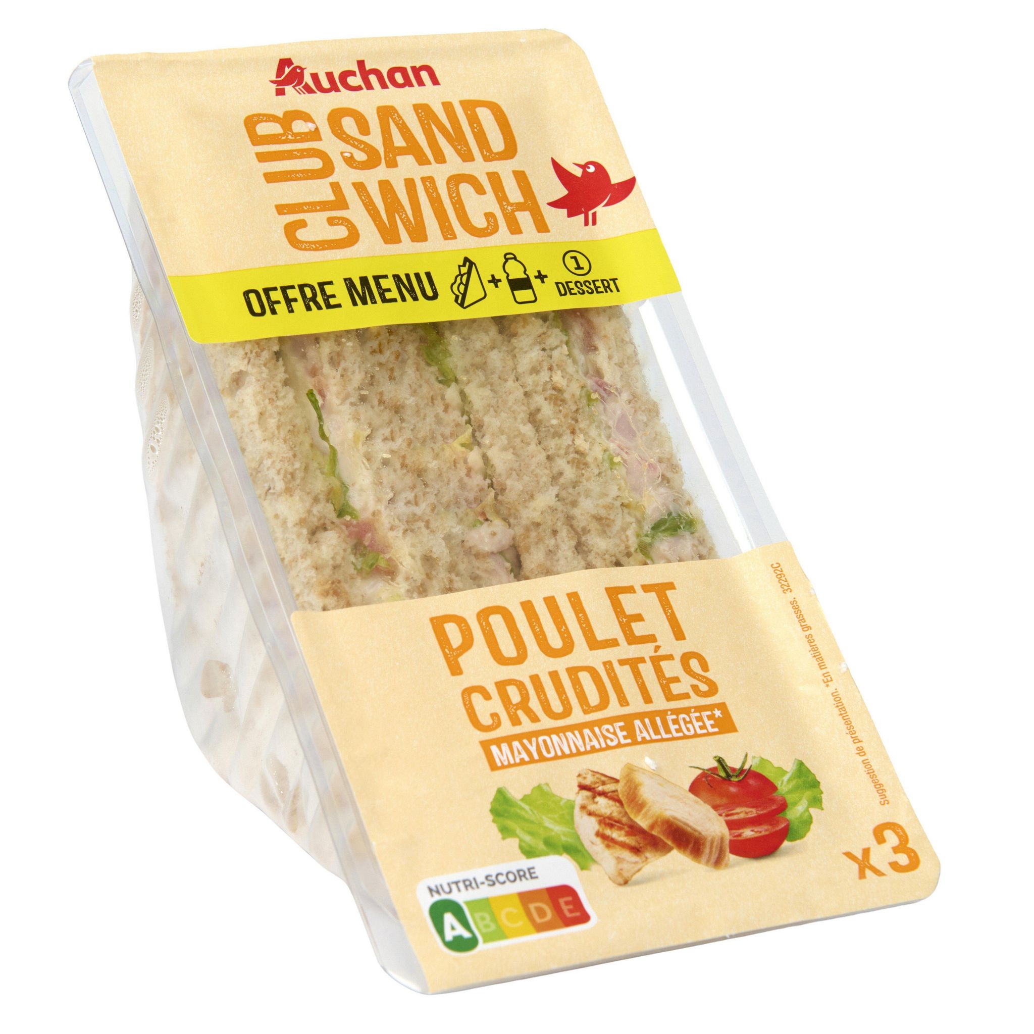 Voir la diapositive 4 : AUCHAN Sandwich triple poulet rôti crudités mayonnaise 3 pièces 230g
