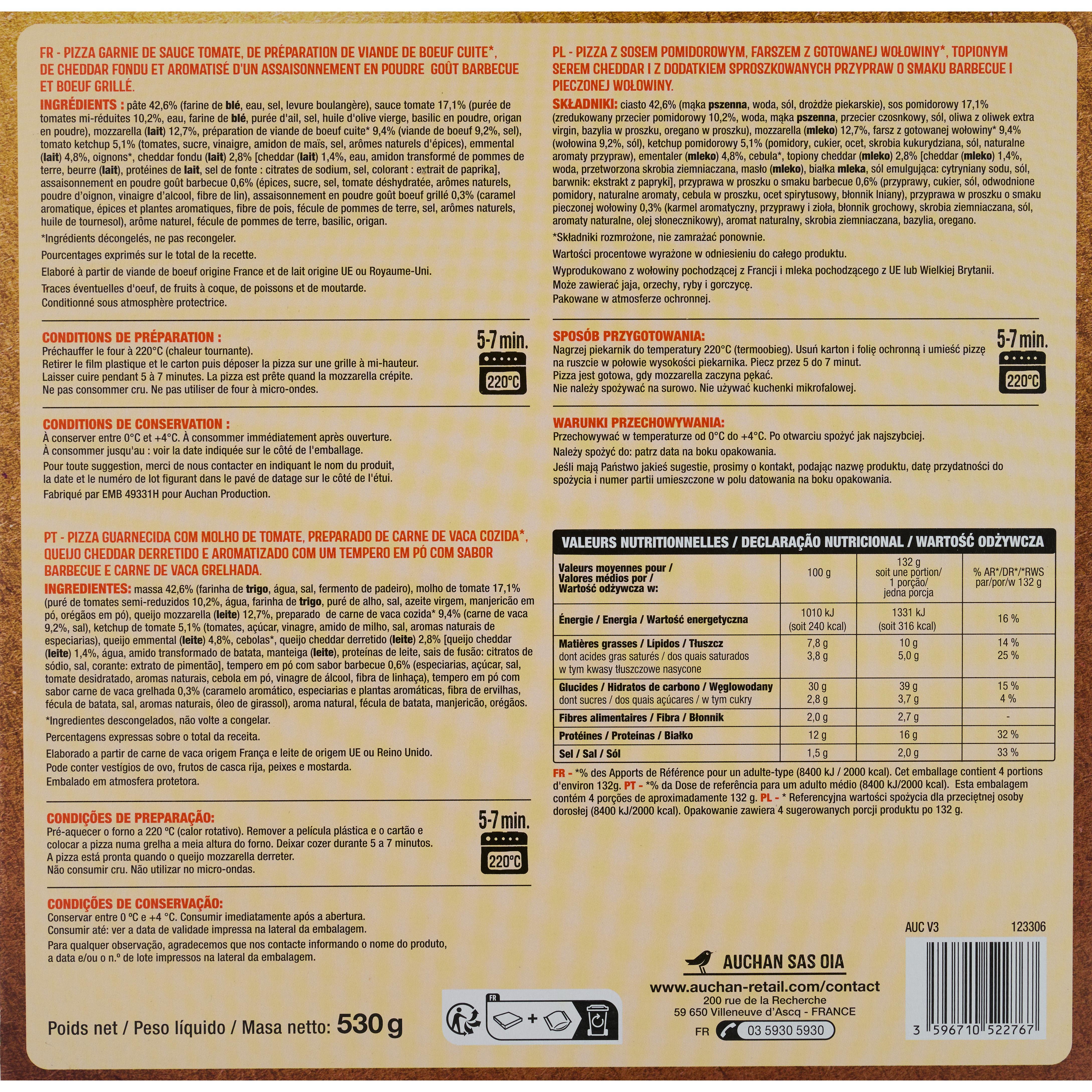 Voir la diapositive 2 : AUCHAN Crousti'zza pizza boeuf cheddar 1 pièce 530g