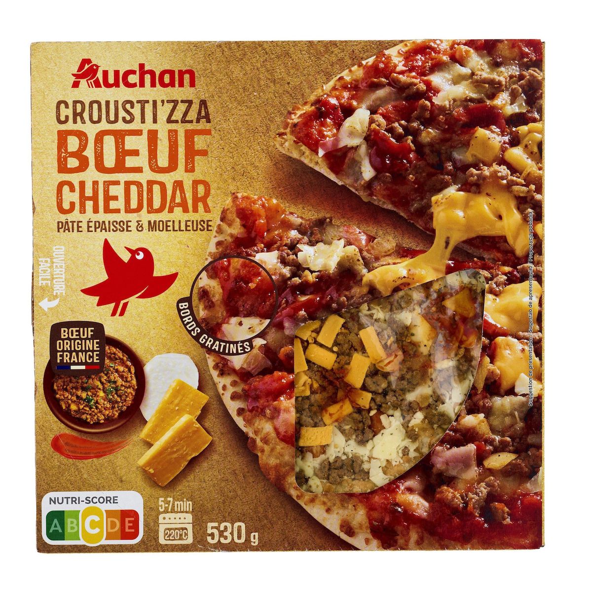 AUCHAN Crousti'zza pizza boeuf cheddar 1 pièce 530g