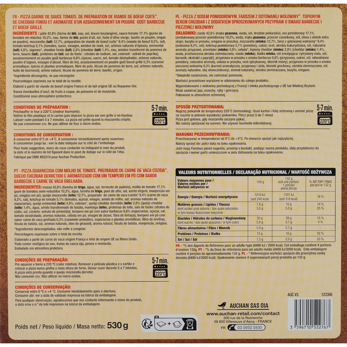 AUCHAN Crousti'zza pizza boeuf cheddar 1 pièce 530g