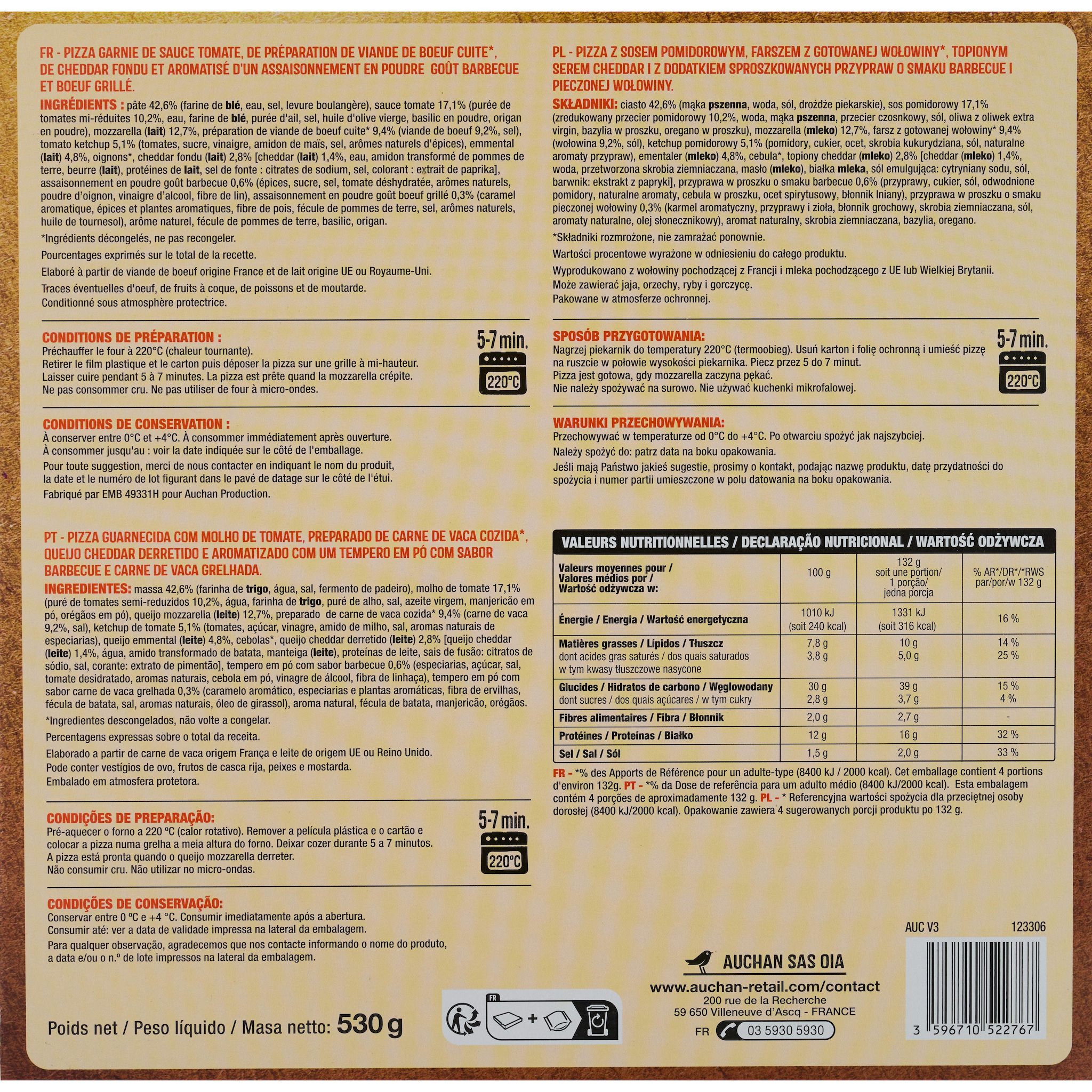 Voir la diapositive 3 : AUCHAN Crousti'zza pizza boeuf cheddar 1 pièce 530g