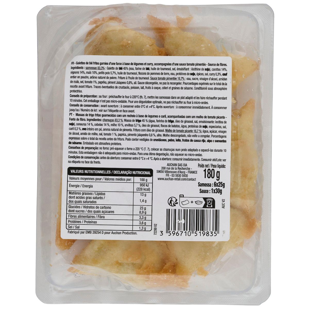 AUCHAN VERY VEGGIE Samossas veggie aux légumes et curry 6 pièces 180g