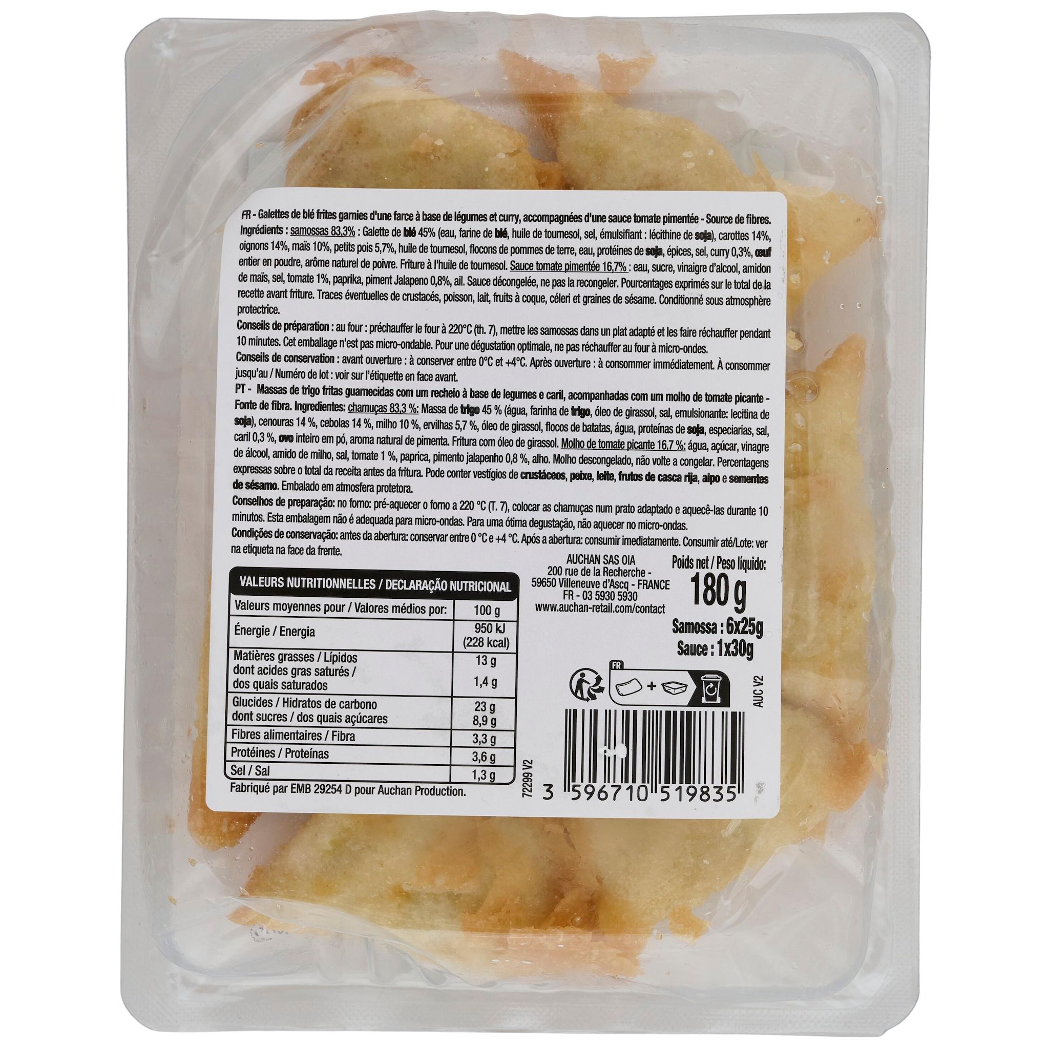 Voir la diapositive 2 : AUCHAN VERY VEGGIE Samossas veggie aux légumes et curry 6 pièces 180g