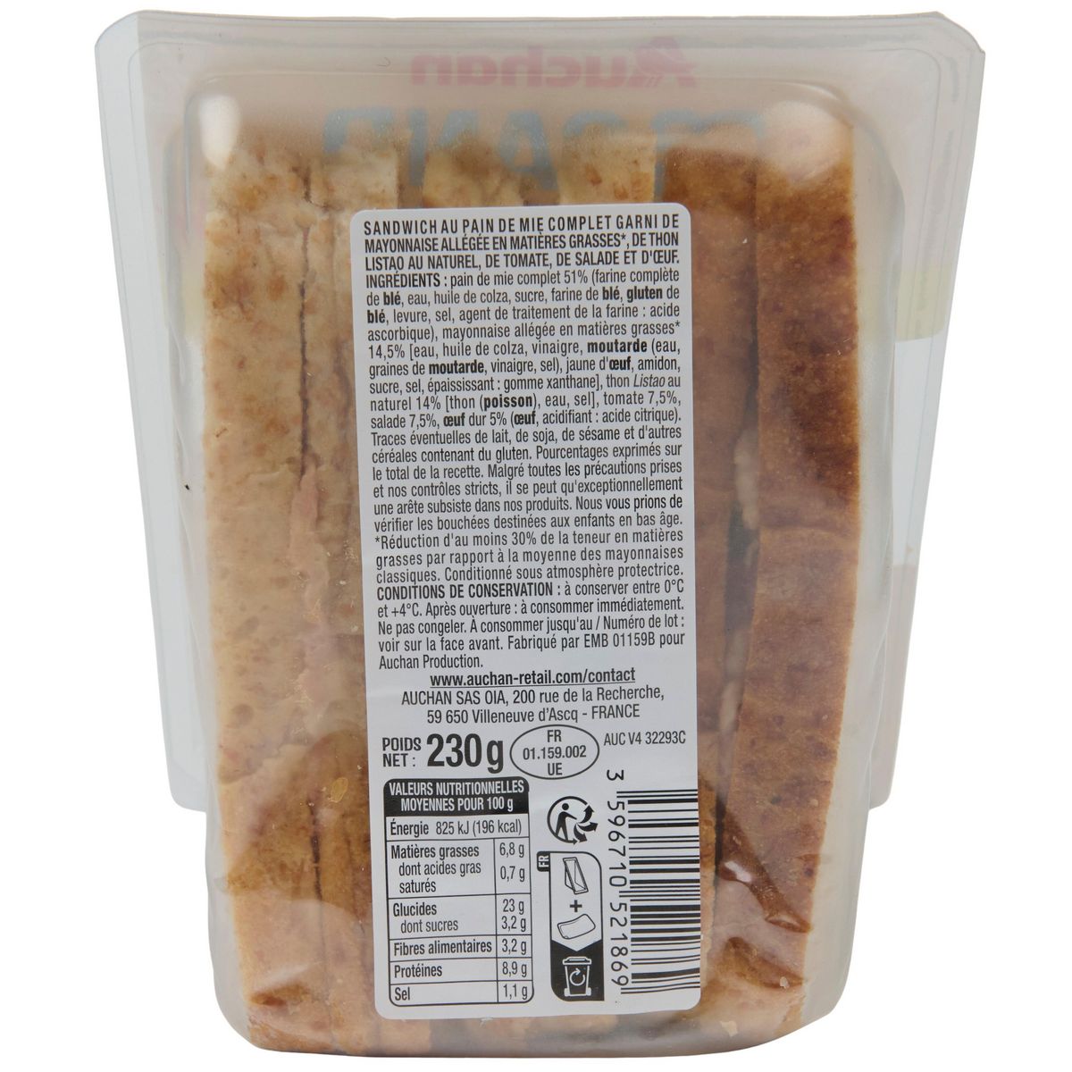 AUCHAN Sandwich triple thon crudités œuf mayonnaise 3 pièces 230g