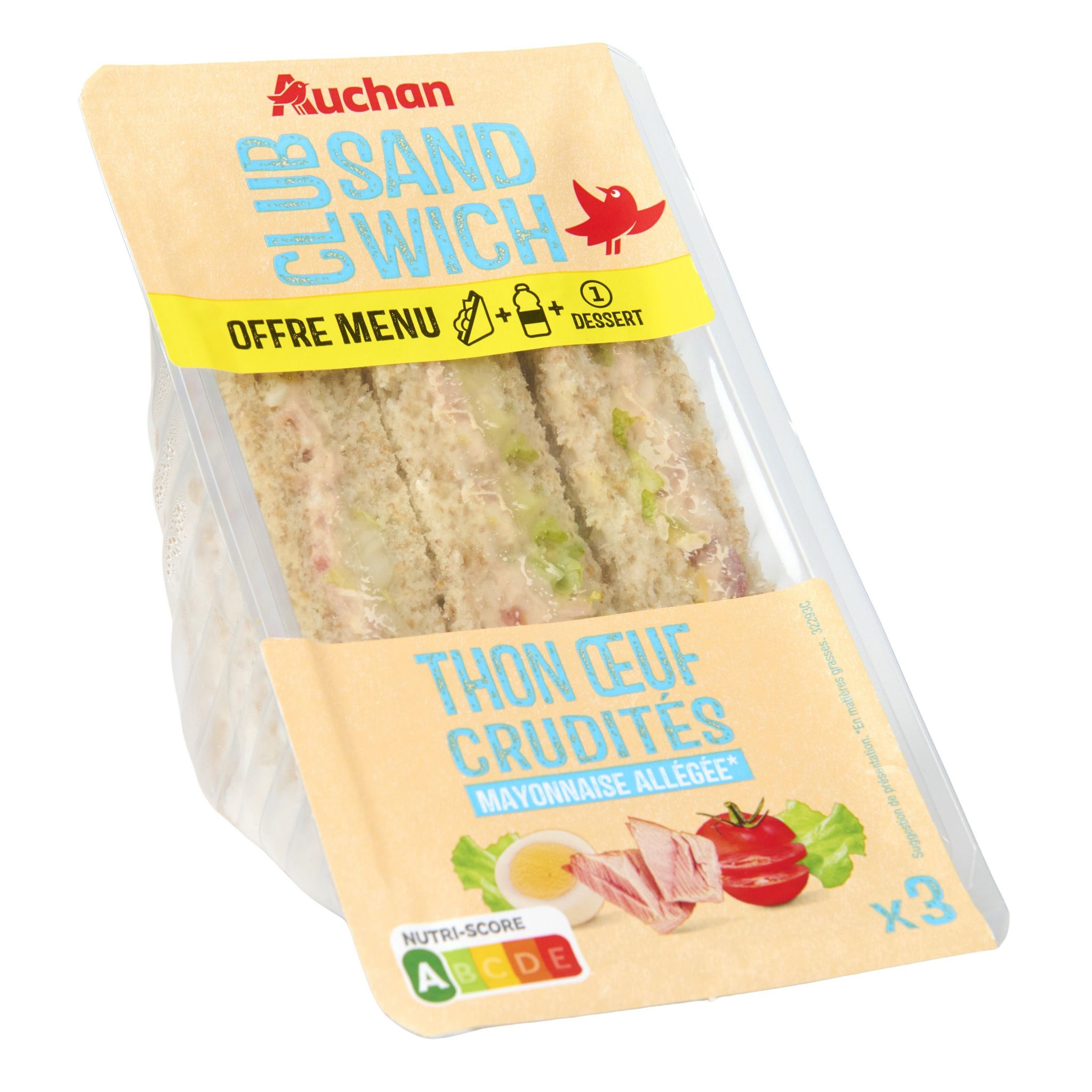 Voir la diapositive 3 : AUCHAN Sandwich triple thon crudités œuf mayonnaise 3 pièces 230g